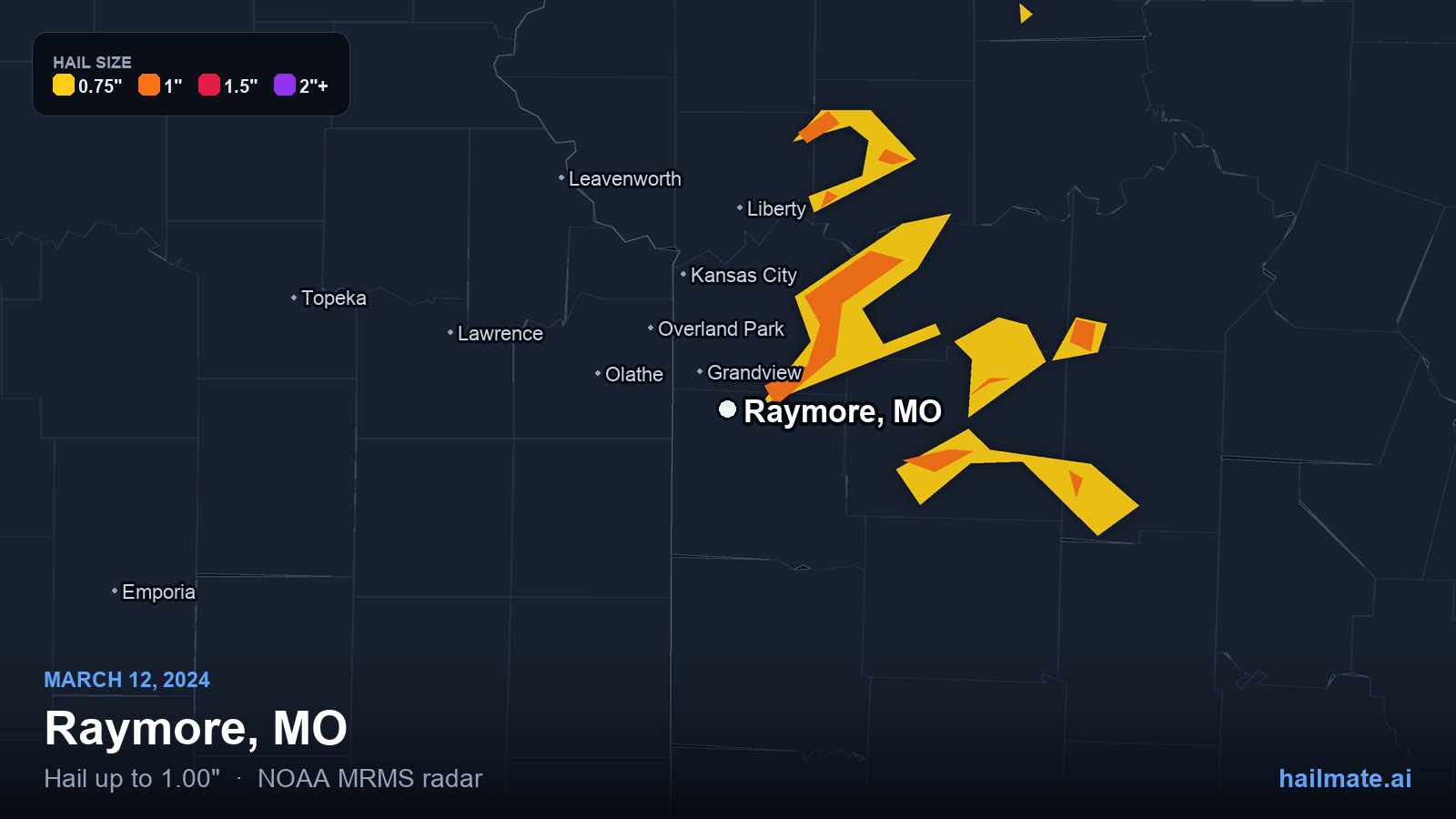 Hail swath map for Raymore, MO on March 12, 2024 showing 1.00 inch hail.