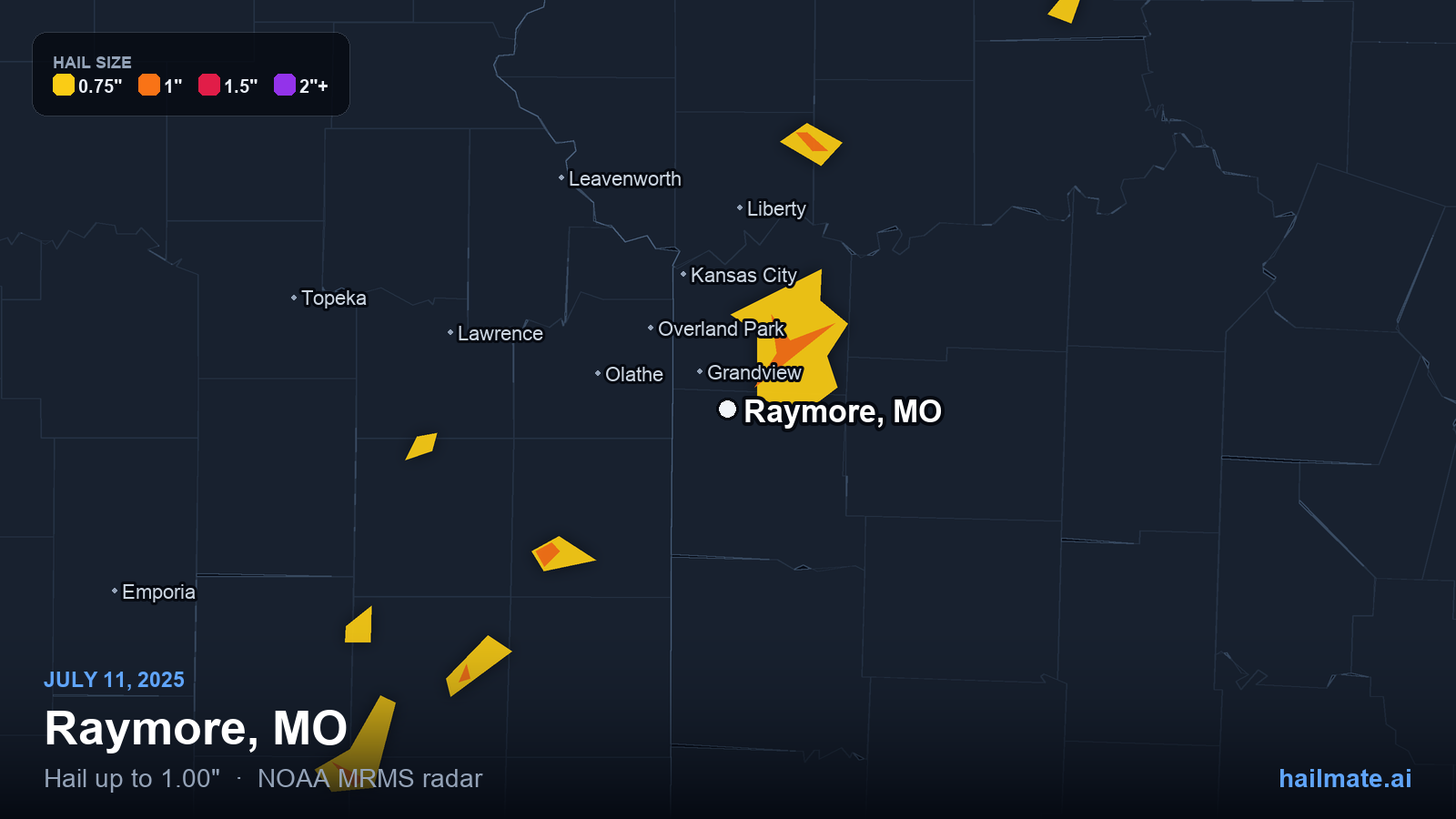 Hail swath map for Raymore, MO on July 11, 2025 showing 1.00 inch hail.