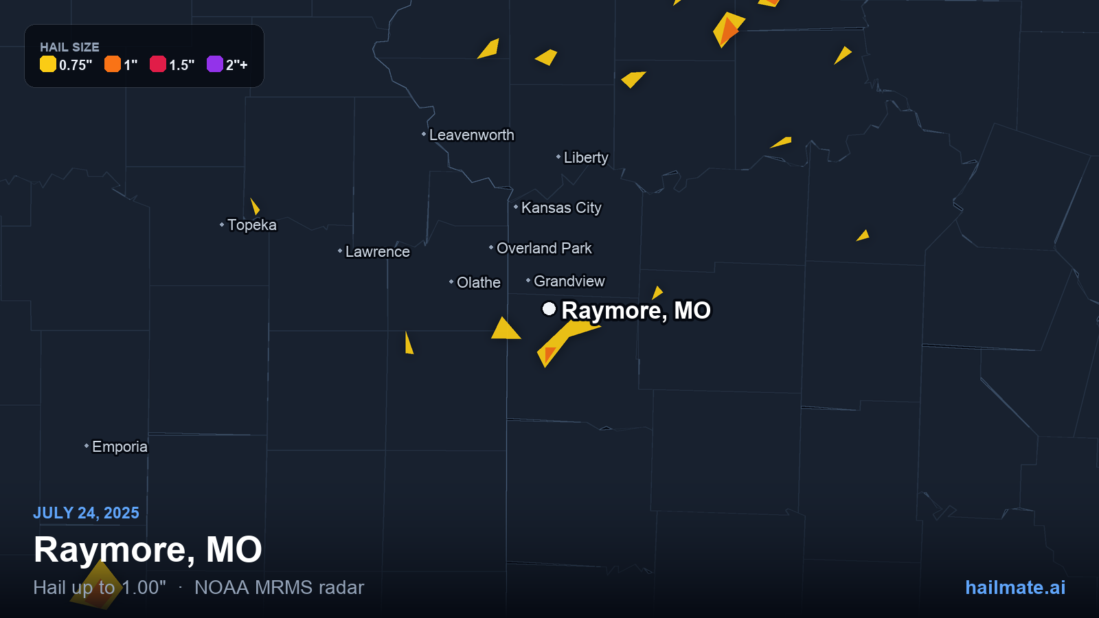 Hail swath map for Raymore, MO on July 24, 2025 showing 1.00 inch hail.
