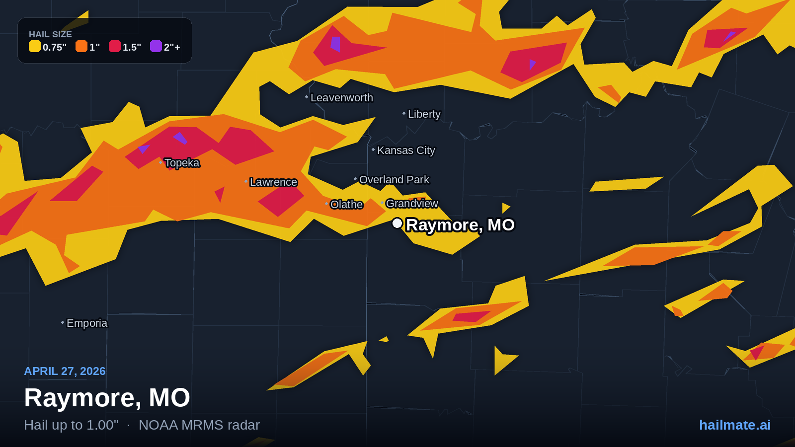 Hail swath map for Raymore, MO on April 27, 2026 showing 1.00 inch hail.
