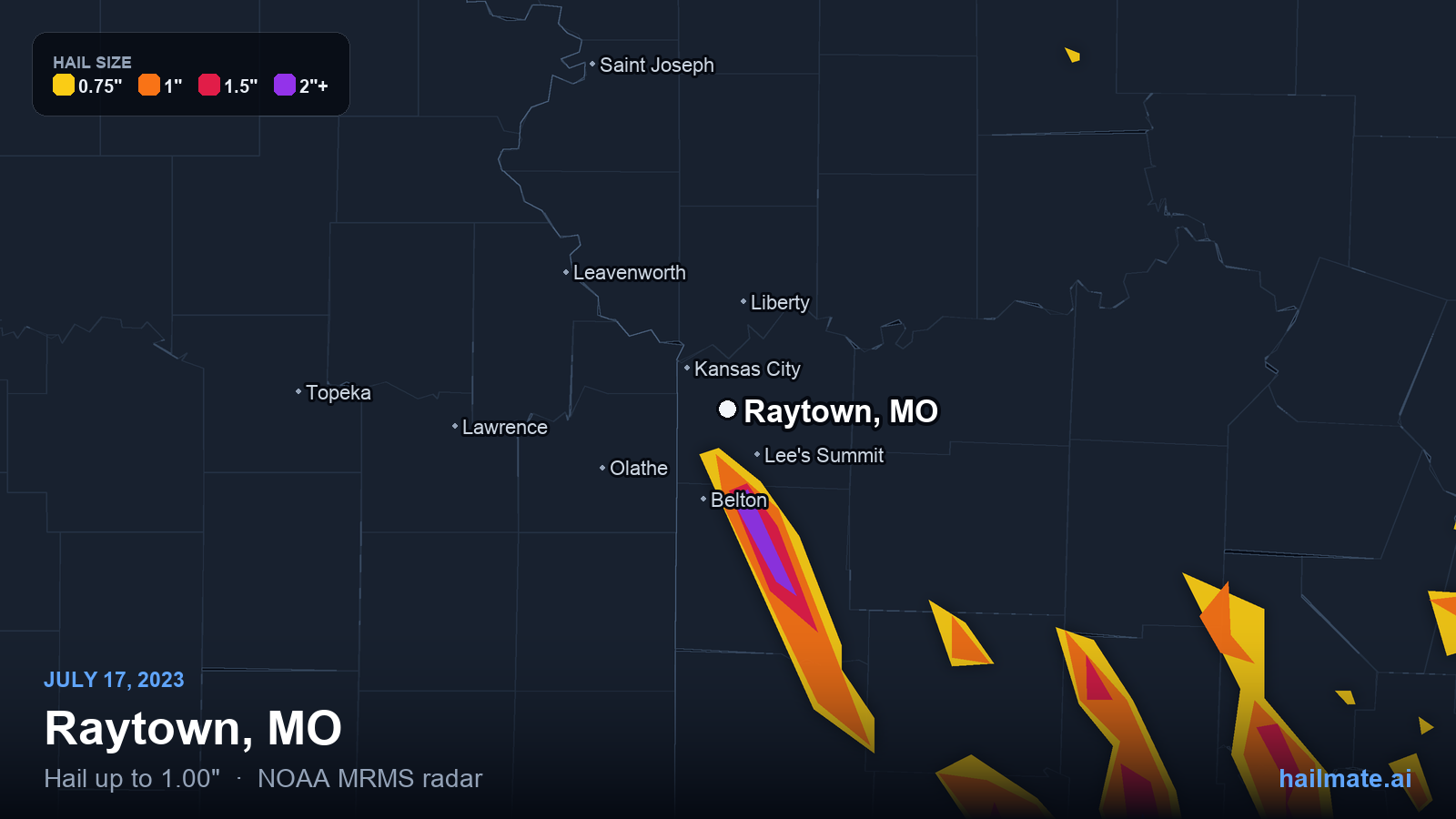 Hail swath map for Raytown, MO on July 17, 2023 showing 1.00 inch hail.