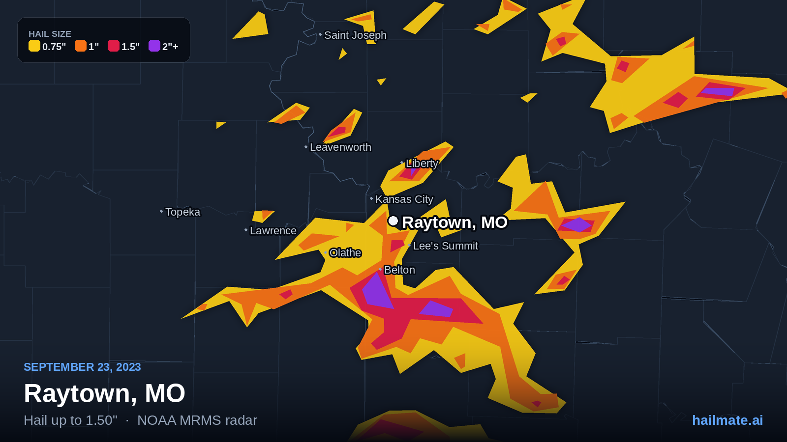 Hail swath map for Raytown, MO on September 23, 2023 showing 1.50 inch hail.