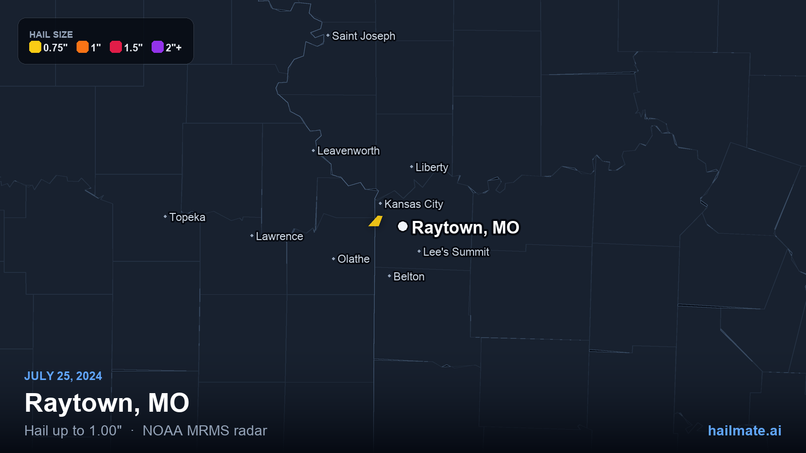 Hail swath map for Raytown, MO on July 25, 2024 showing 1.00 inch hail.