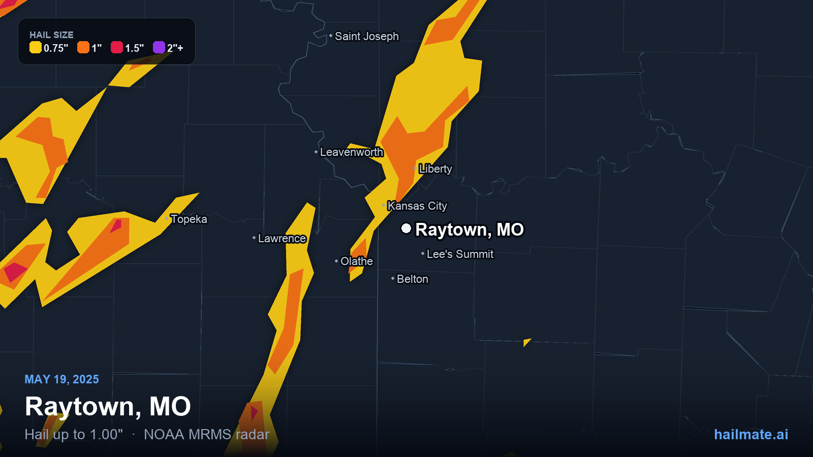 Hail swath map for Raytown, MO on May 19, 2025 showing 1.00 inch hail.
