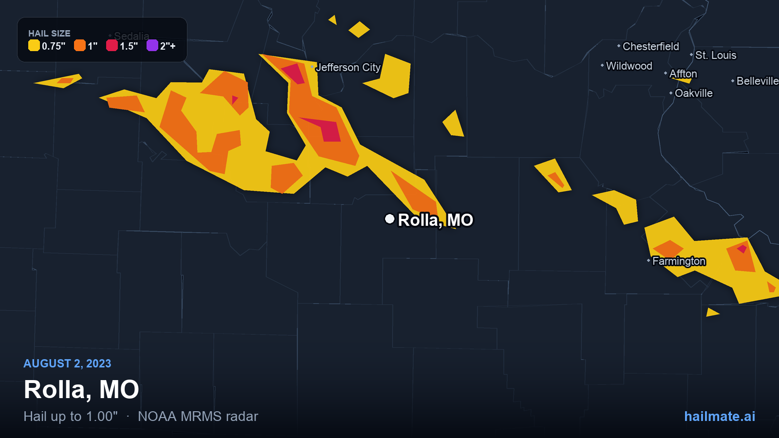 Hail swath map for Rolla, MO on August 2, 2023 showing 1.00 inch hail.