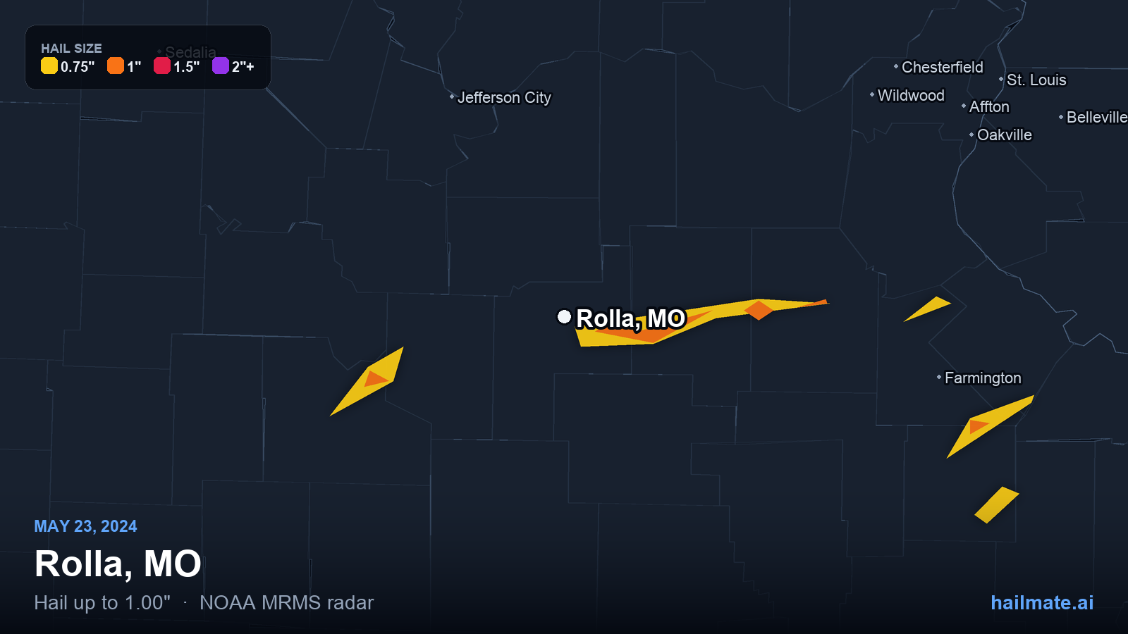 Hail swath map for Rolla, MO on May 23, 2024 showing 1.00 inch hail.