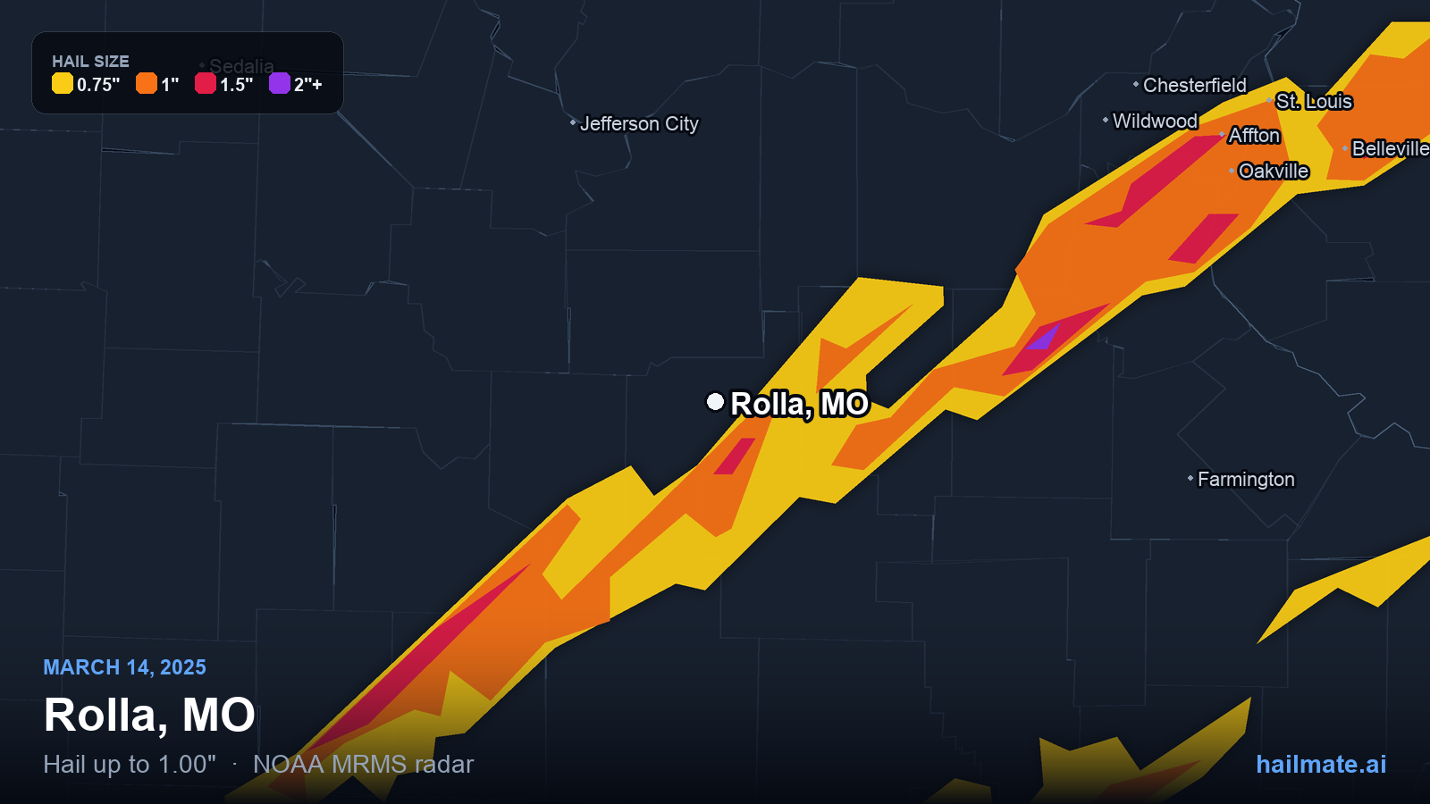 Hail swath map for Rolla, MO on March 14, 2025 showing 1.00 inch hail.