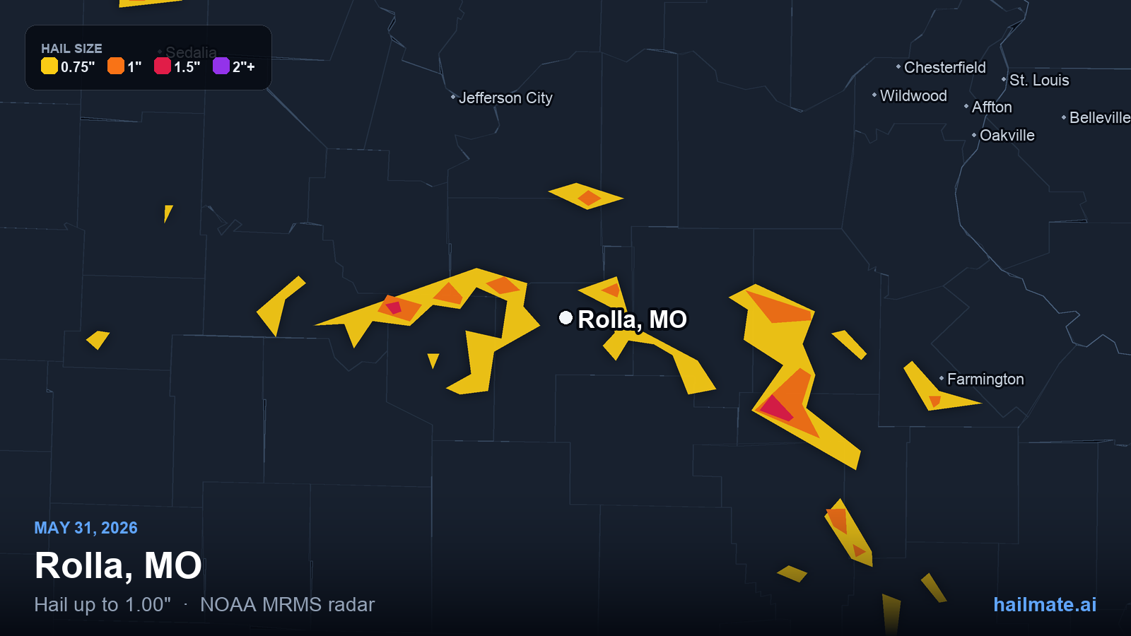 Hail swath map for Rolla, MO on May 31, 2026 showing 1.00 inch hail.