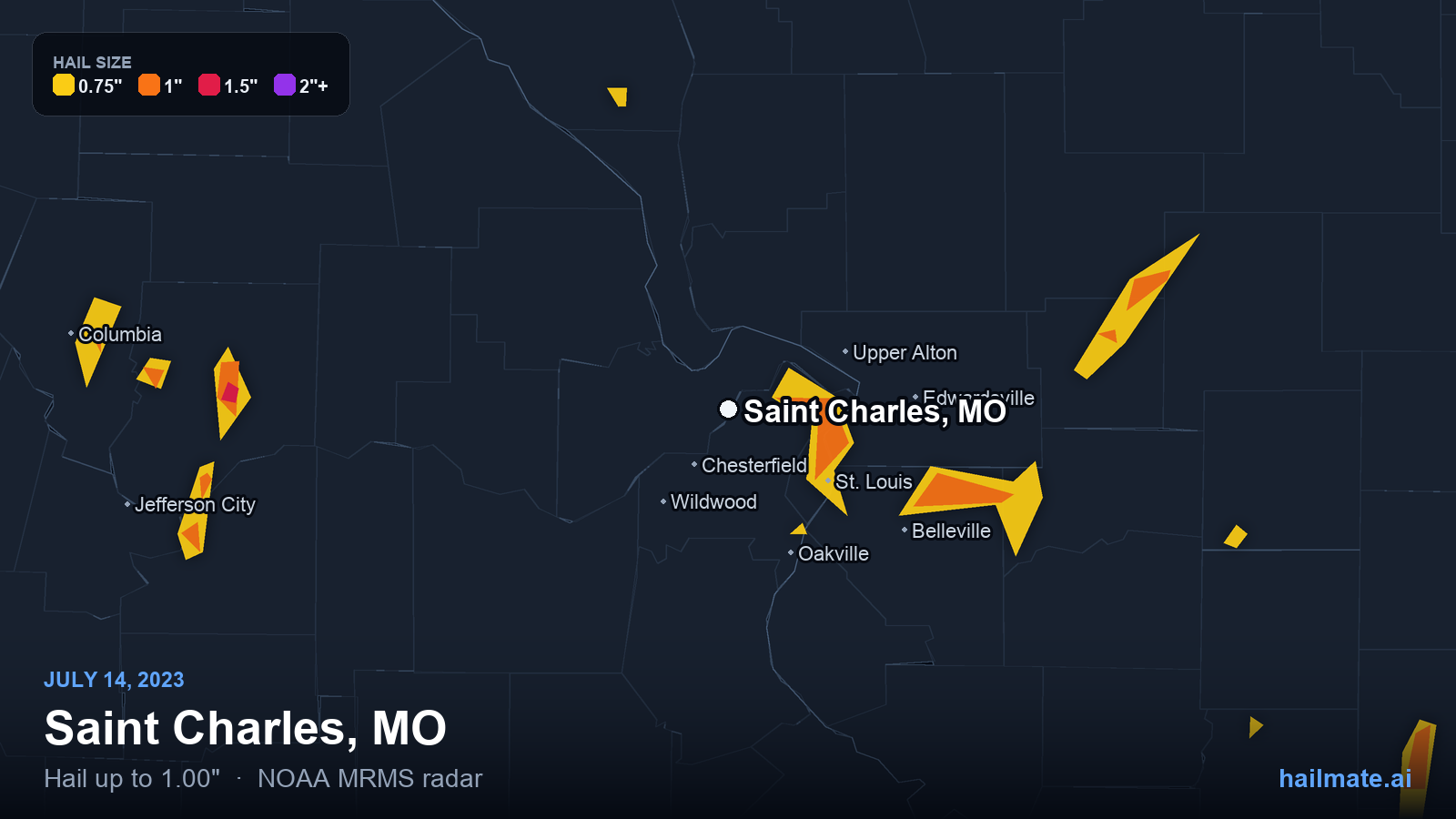 Hail swath map for Saint Charles, MO on July 14, 2023 showing 1.00 inch hail.