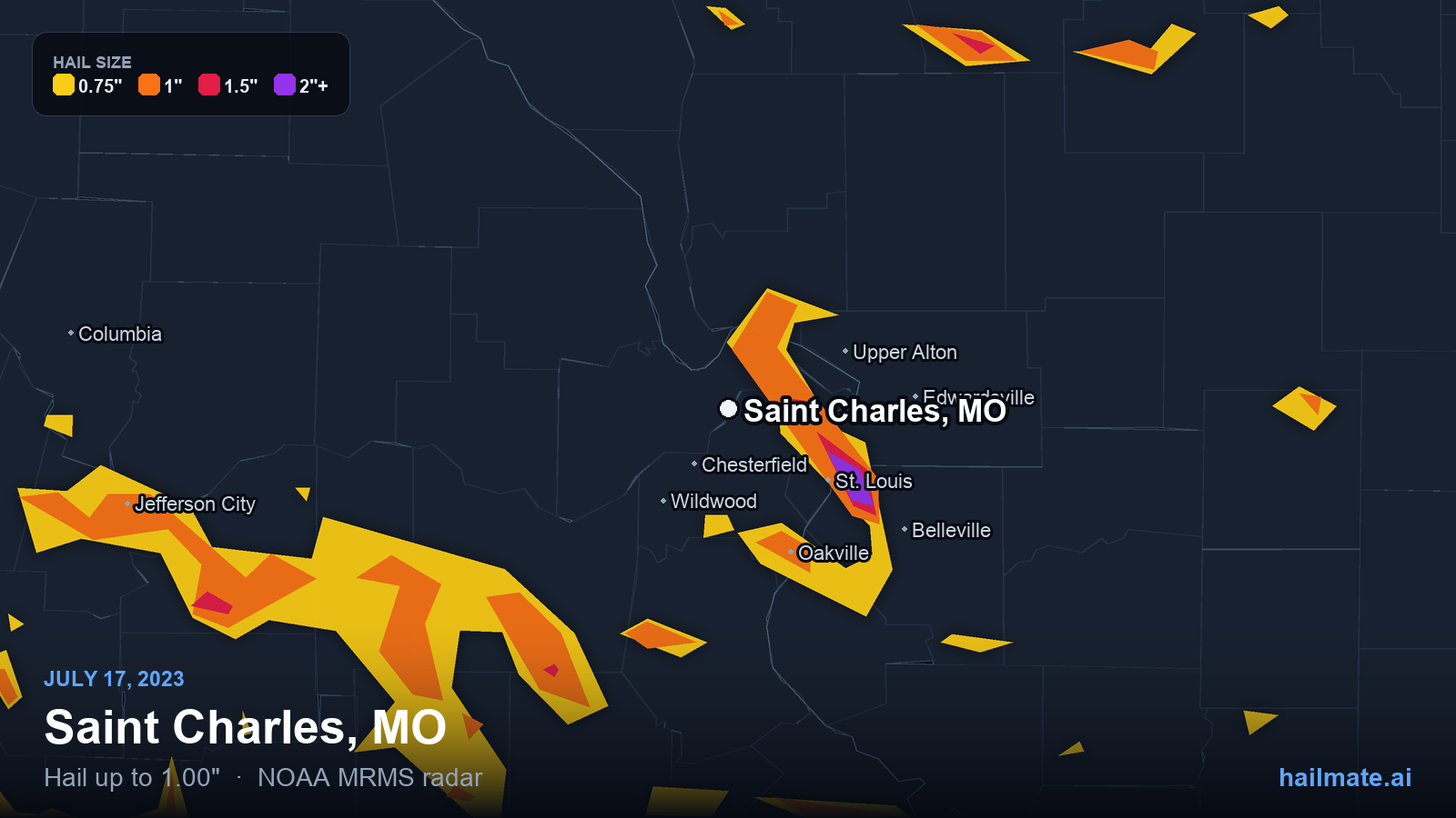 Hail swath map for Saint Charles, MO on July 17, 2023 showing 1.00 inch hail.