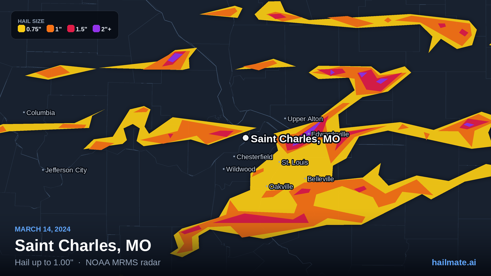 Hail swath map for Saint Charles, MO on March 14, 2024 showing 1.00 inch hail.