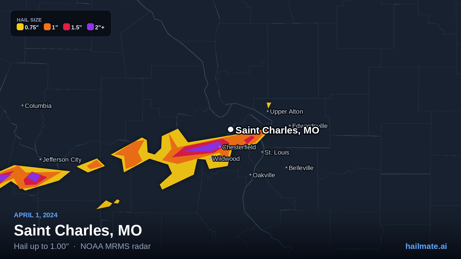 Hail swath map for Saint Charles, MO on April 1, 2024 showing 1.00 inch hail.