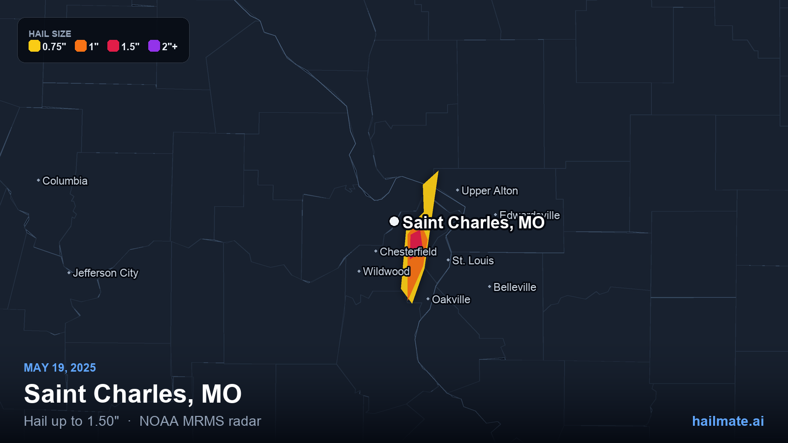 Hail swath map for Saint Charles, MO on May 19, 2025 showing 1.50 inch hail.