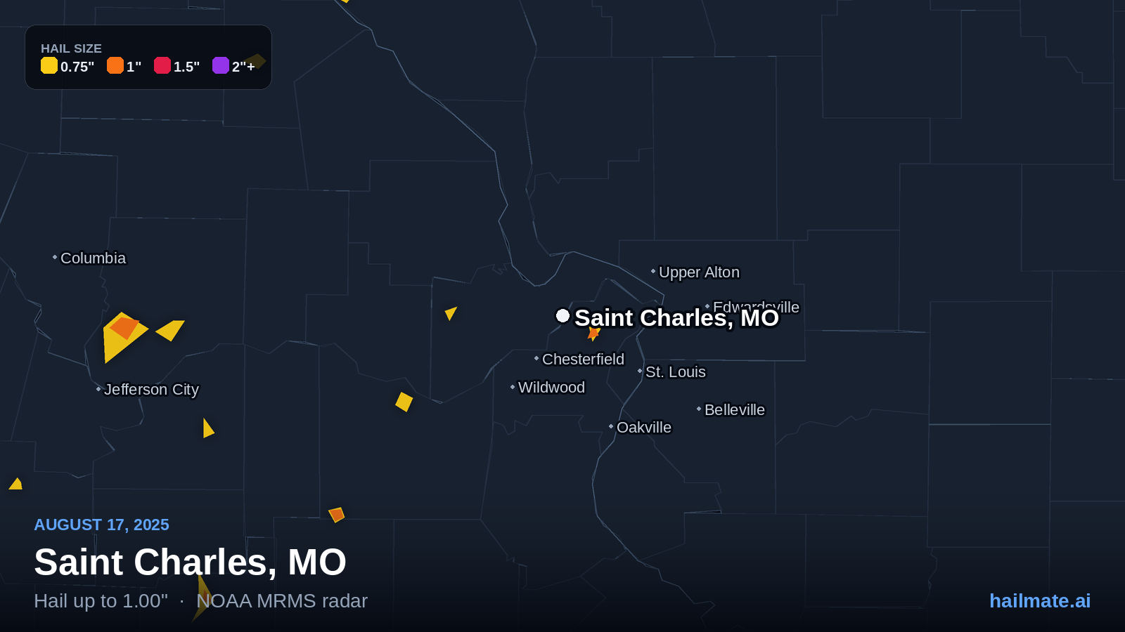 Hail swath map for Saint Charles, MO on August 17, 2025 showing 1.00 inch hail.