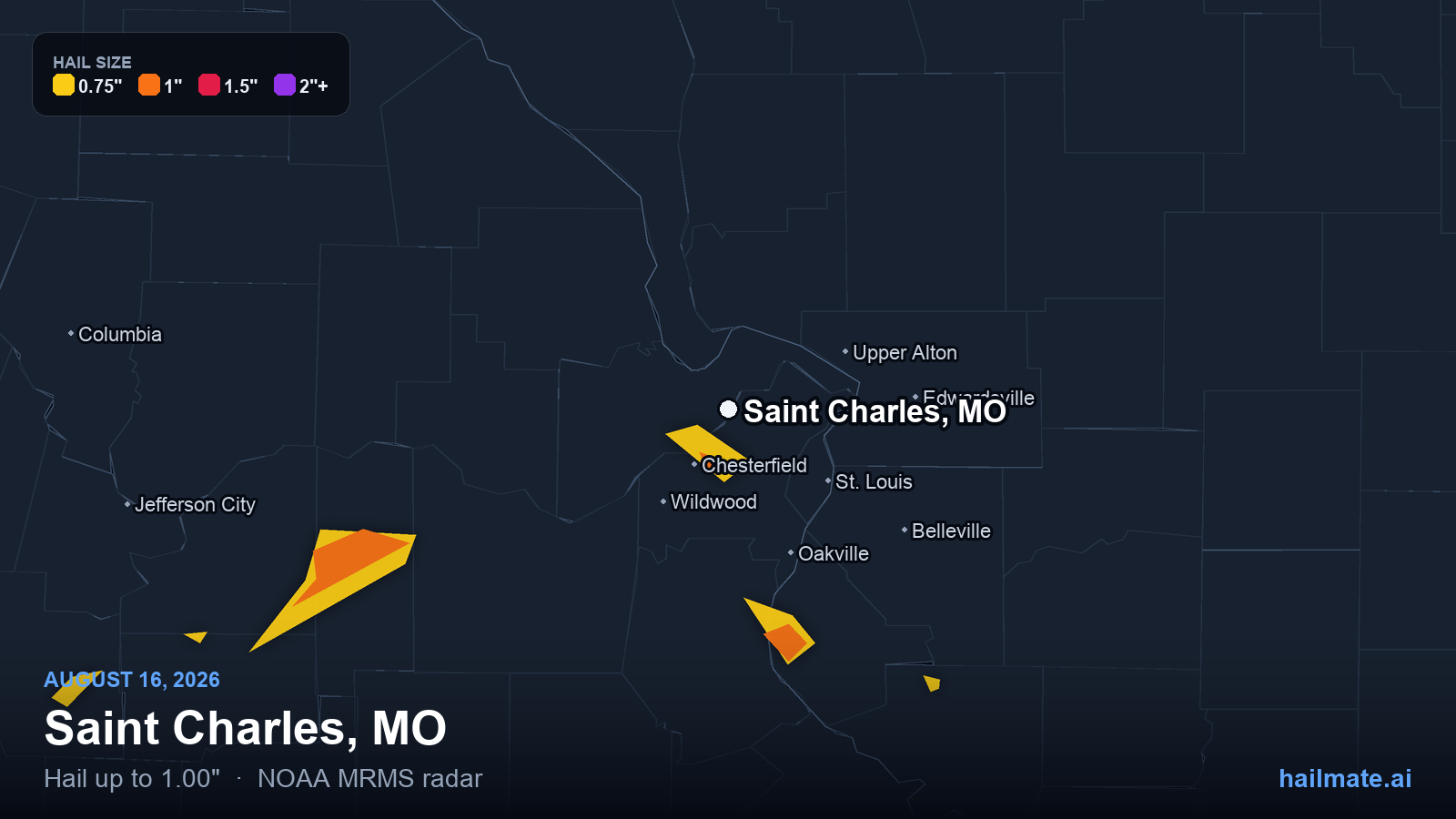 Hail swath map for Saint Charles, MO on August 16, 2026 showing 1.00 inch hail.