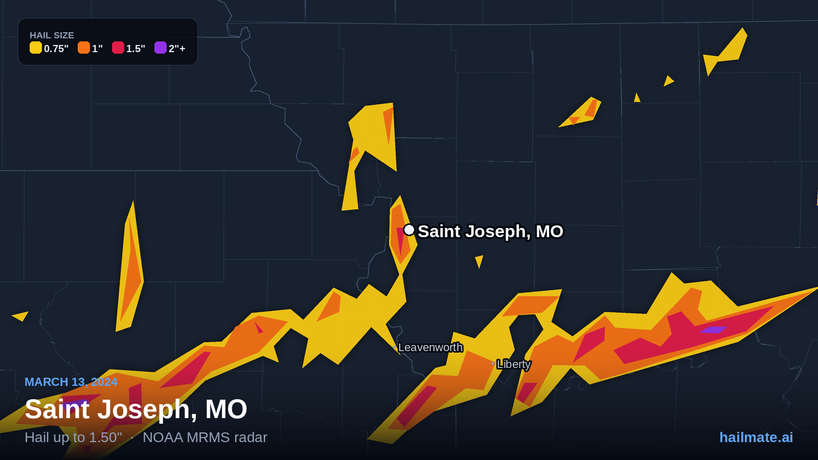 Hail swath map for Saint Joseph, MO on March 13, 2024 showing 1.50 inch hail.