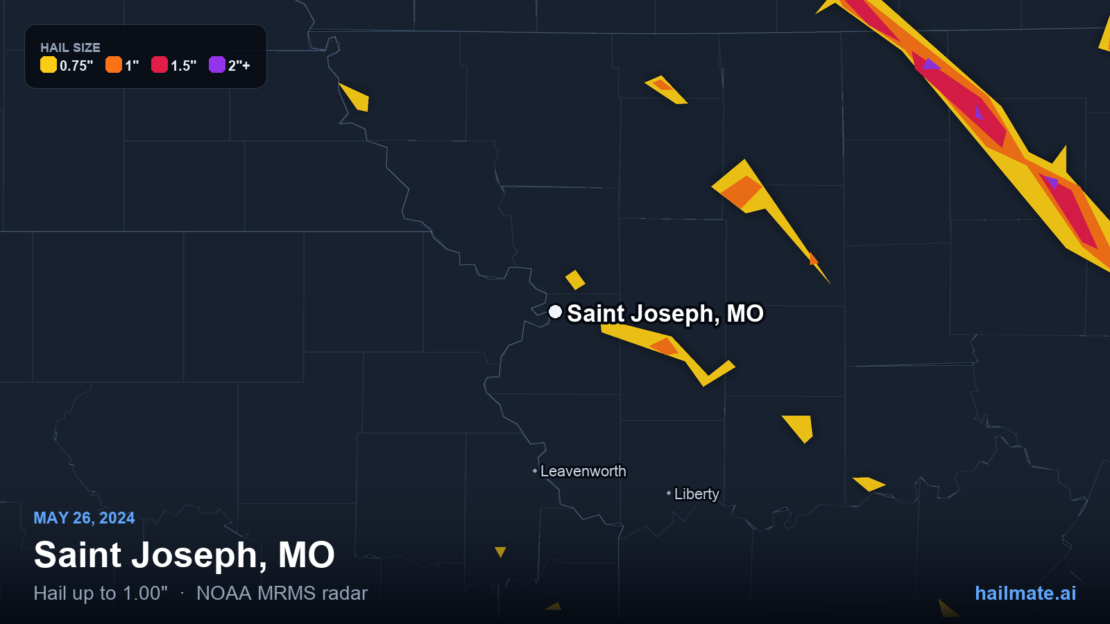 Hail swath map for Saint Joseph, MO on May 26, 2024 showing 1.00 inch hail.