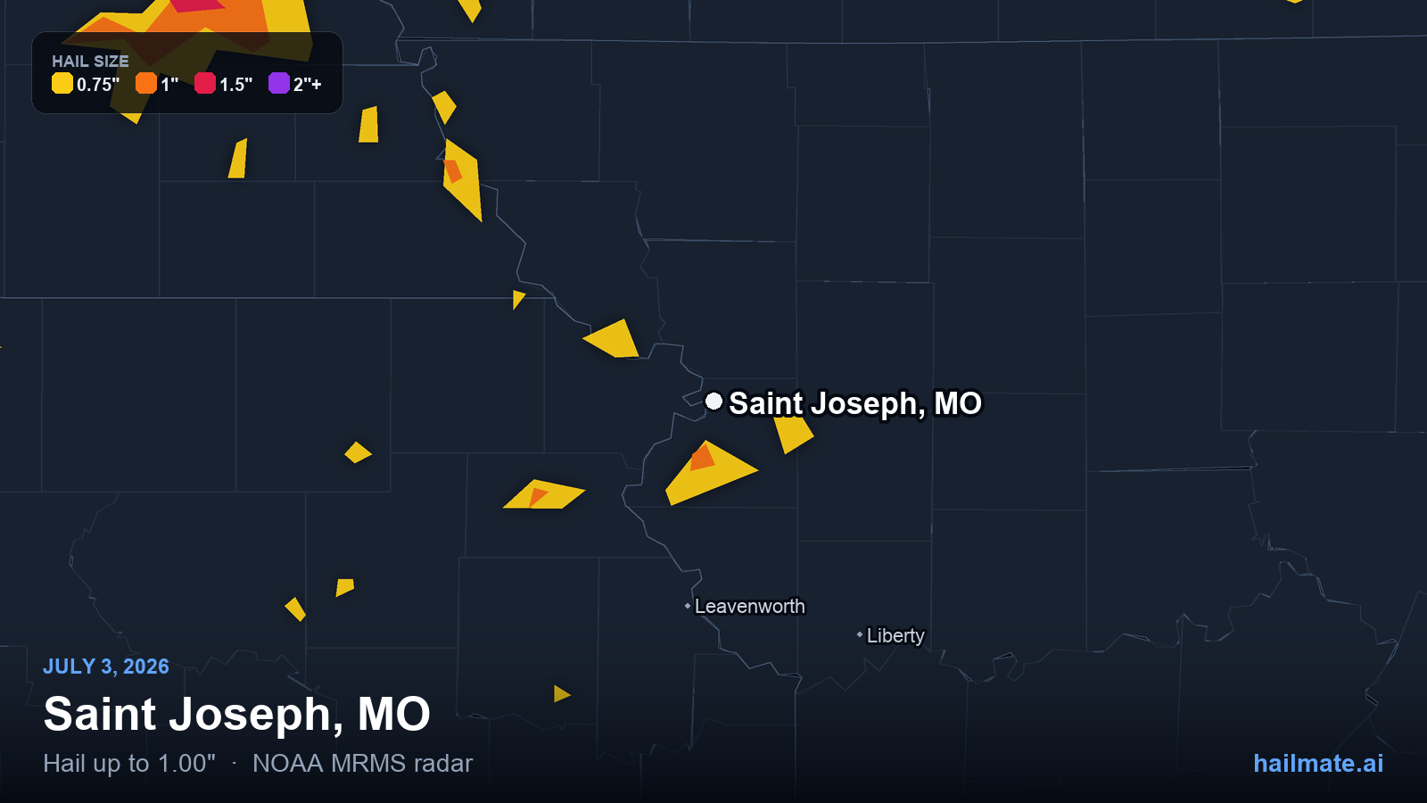Hail swath map for Saint Joseph, MO on July 3, 2026 showing 1.00 inch hail.