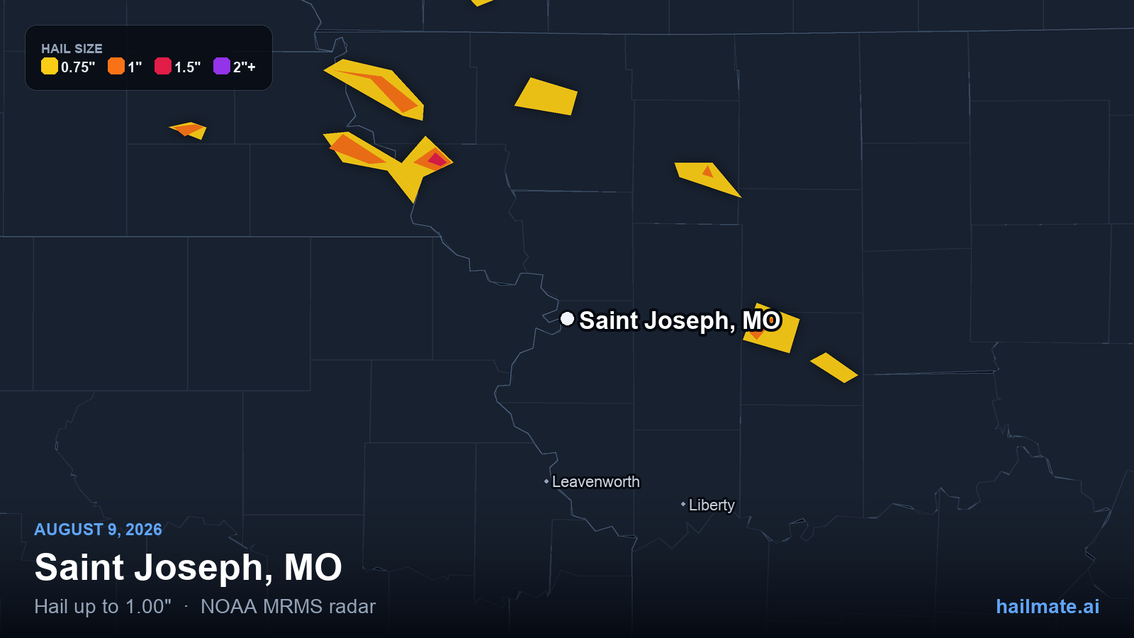 Hail swath map for Saint Joseph, MO on August 9, 2026 showing 1.00 inch hail.