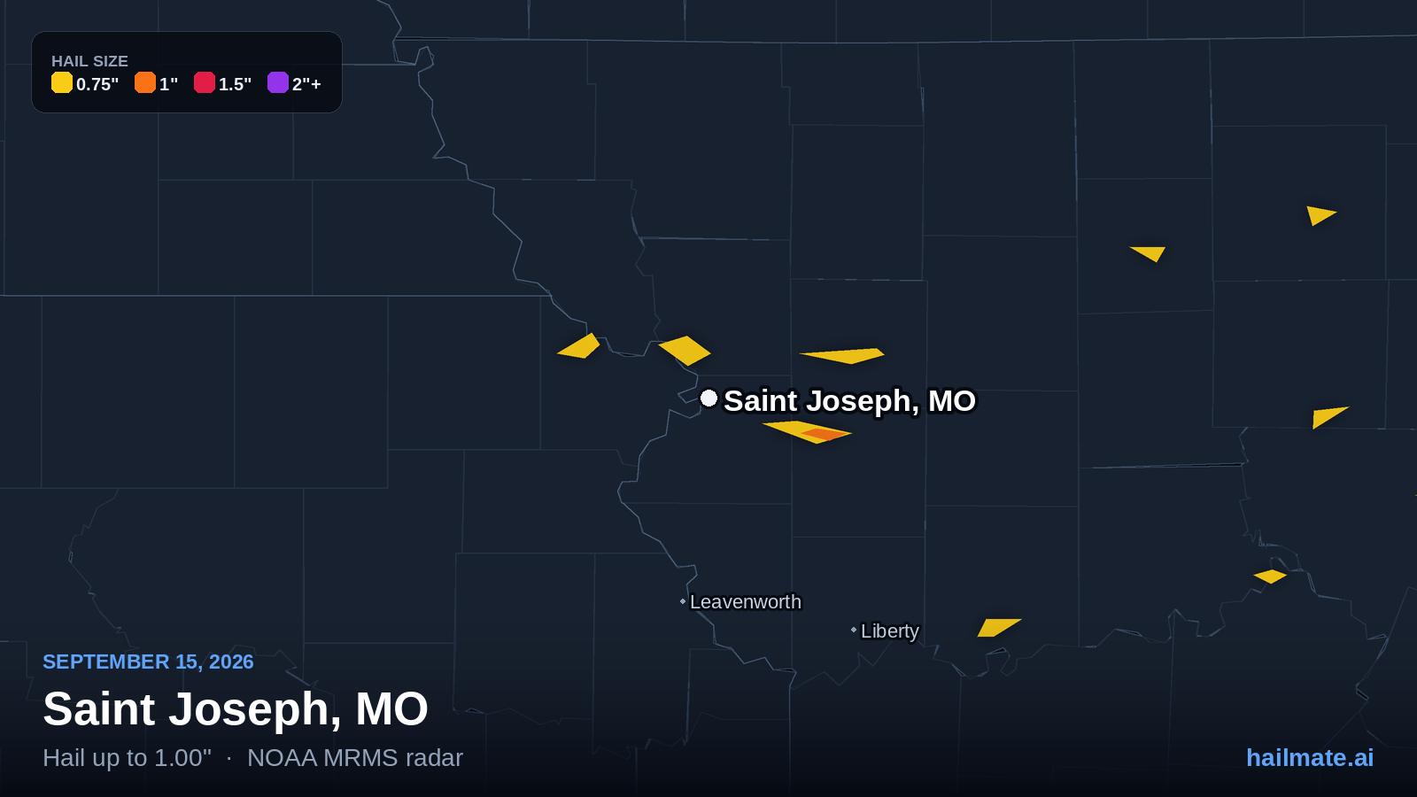 Hail swath map for Saint Joseph, MO on September 15, 2026 showing 1.00 inch hail.
