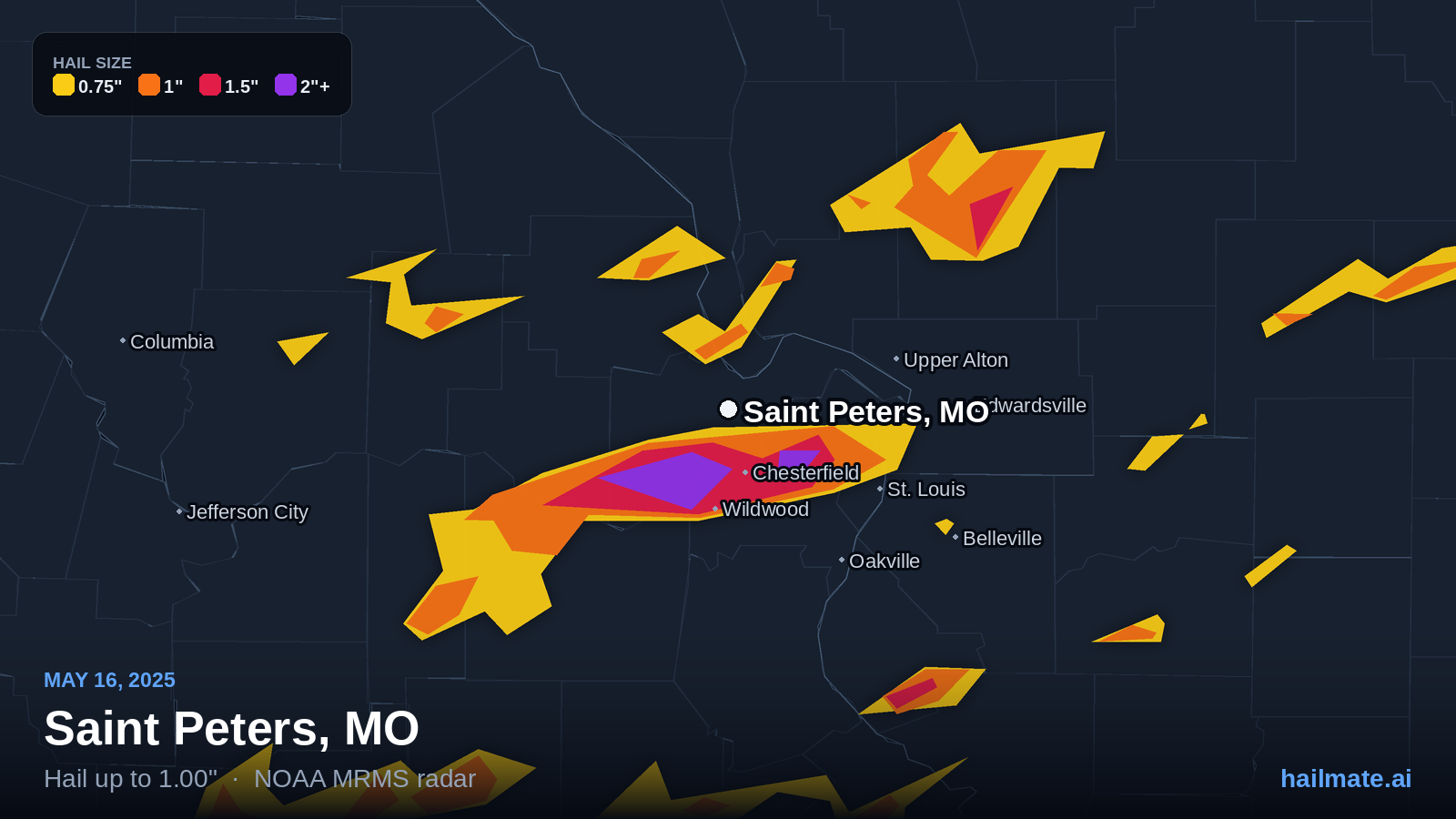 Hail swath map for Saint Peters, MO on May 16, 2025 showing 1.00 inch hail.