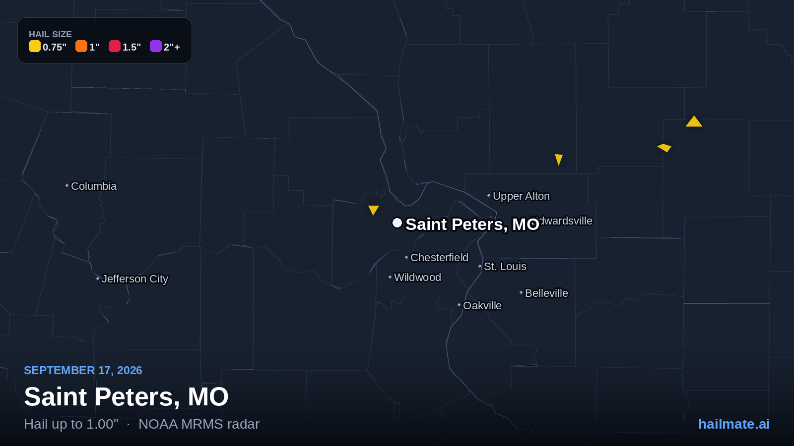 Hail swath map for Saint Peters, MO on September 17, 2026 showing 1.00 inch hail.