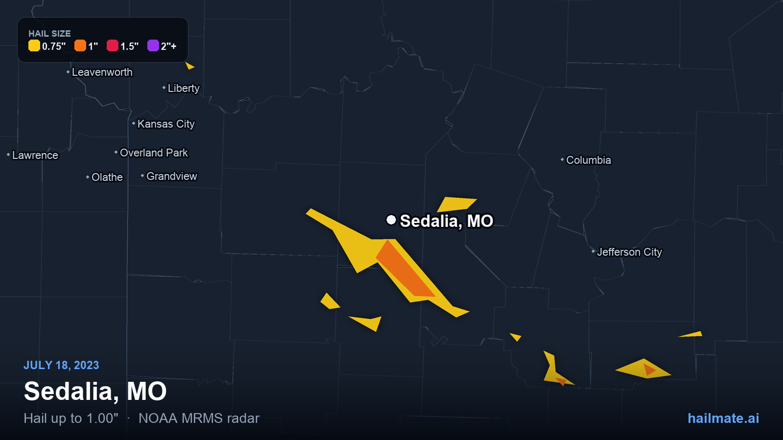 Hail swath map for Sedalia, MO on July 18, 2023 showing 1.00 inch hail.