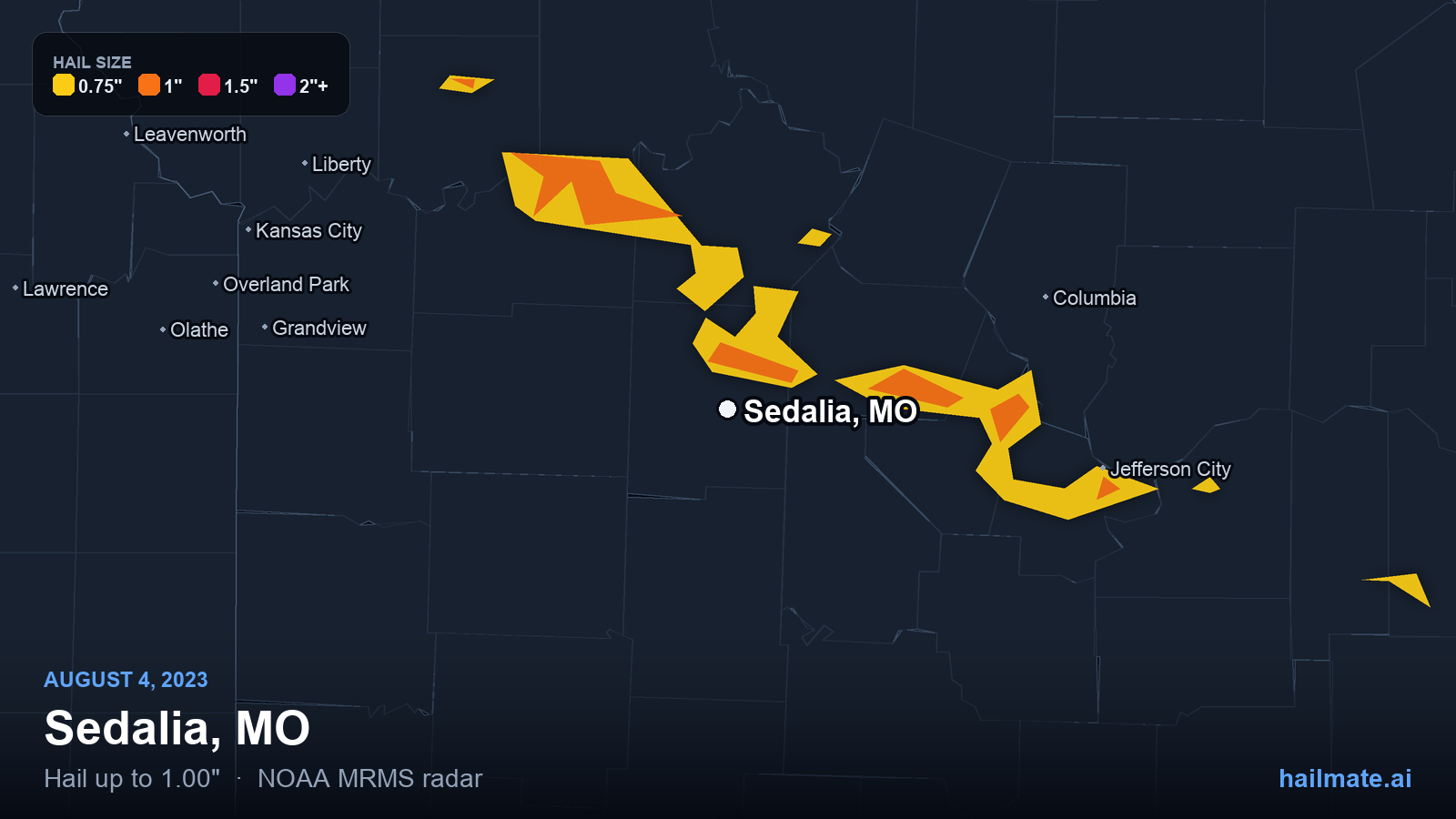 Hail swath map for Sedalia, MO on August 4, 2023 showing 1.00 inch hail.