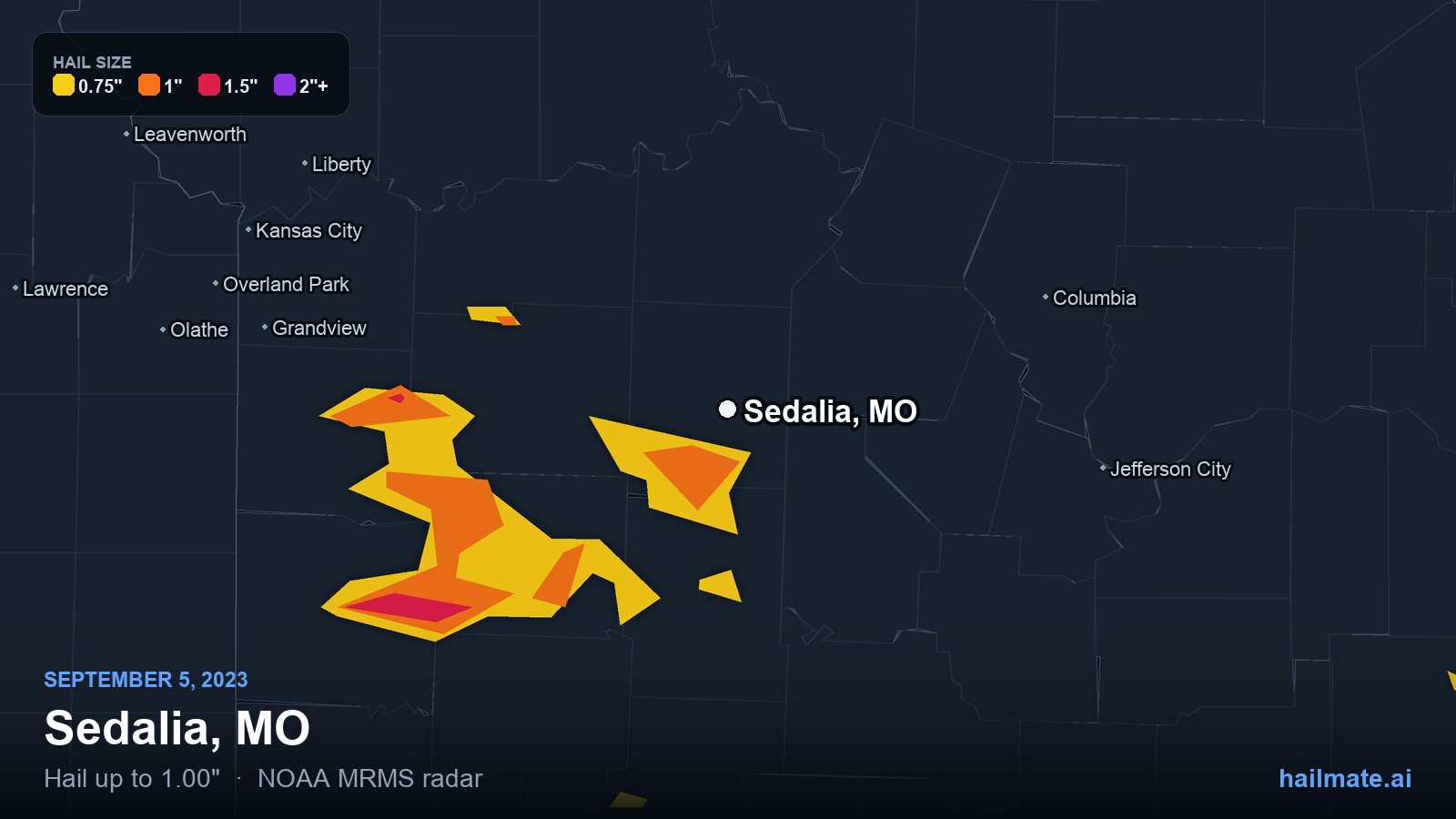 Hail swath map for Sedalia, MO on September 5, 2023 showing 1.00 inch hail.