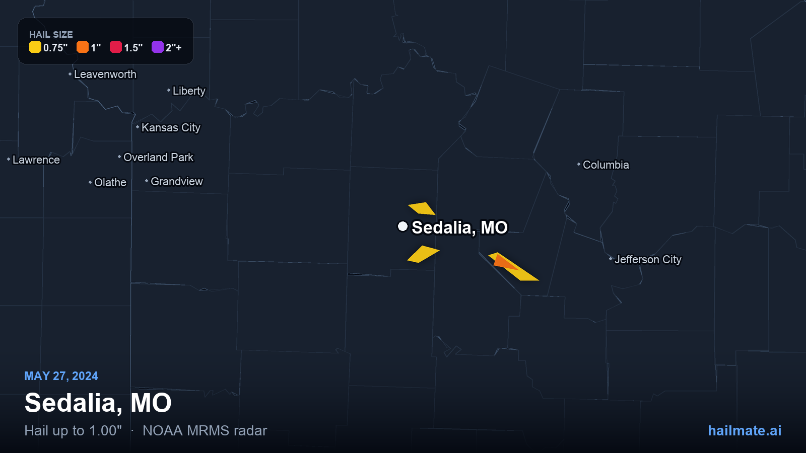 Hail swath map for Sedalia, MO on May 27, 2024 showing 1.00 inch hail.