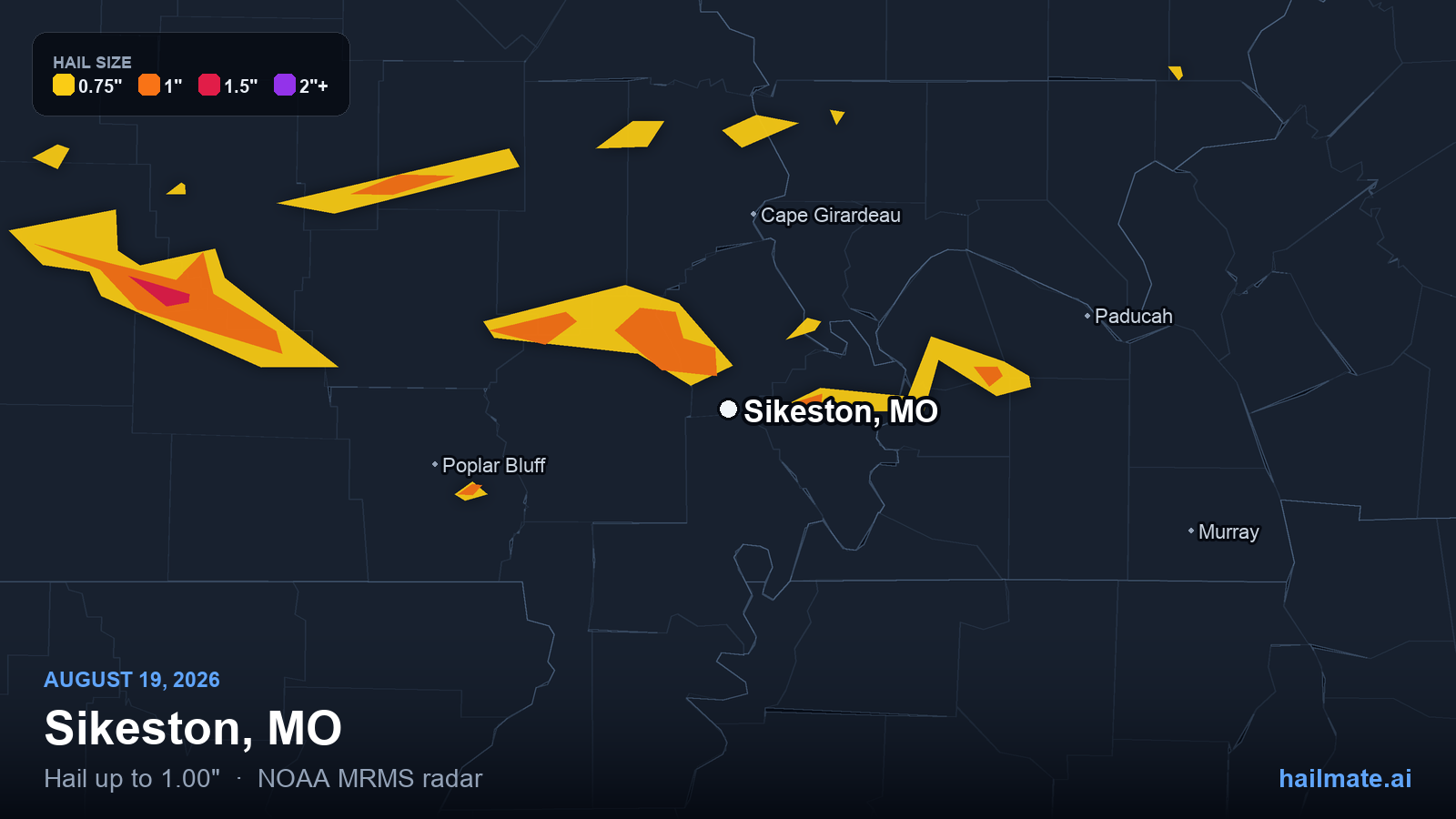Hail swath map for Sikeston, MO on August 19, 2026 showing 1.00 inch hail.