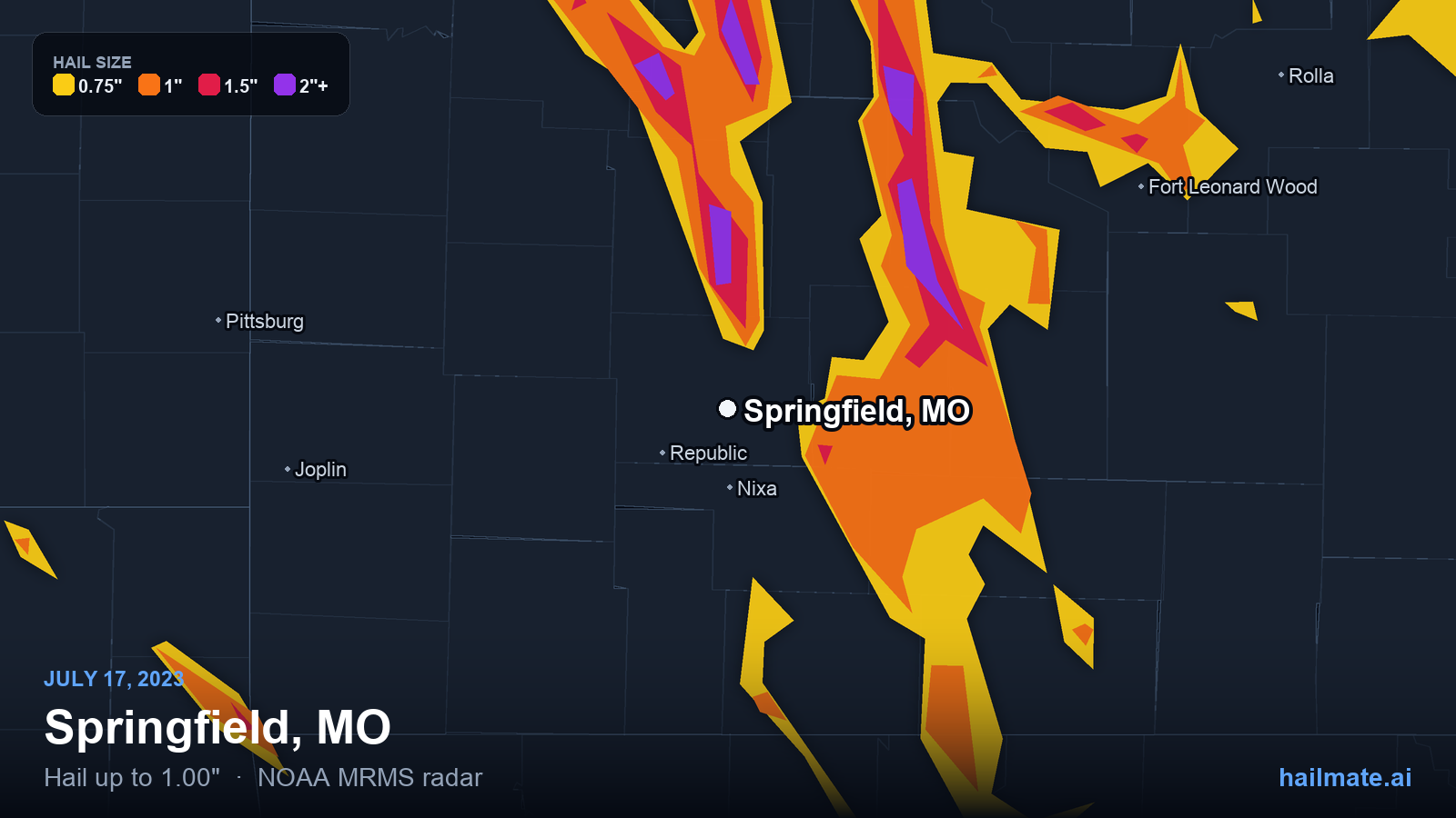 Hail swath map for Springfield, MO on July 17, 2023 showing 1.00 inch hail.