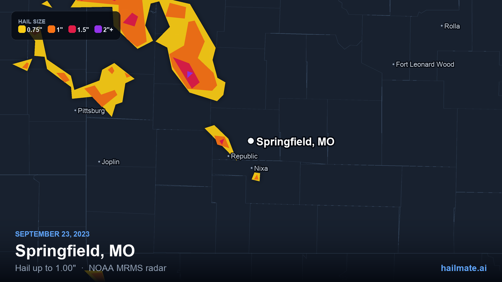 Hail swath map for Springfield, MO on September 23, 2023 showing 1.00 inch hail.