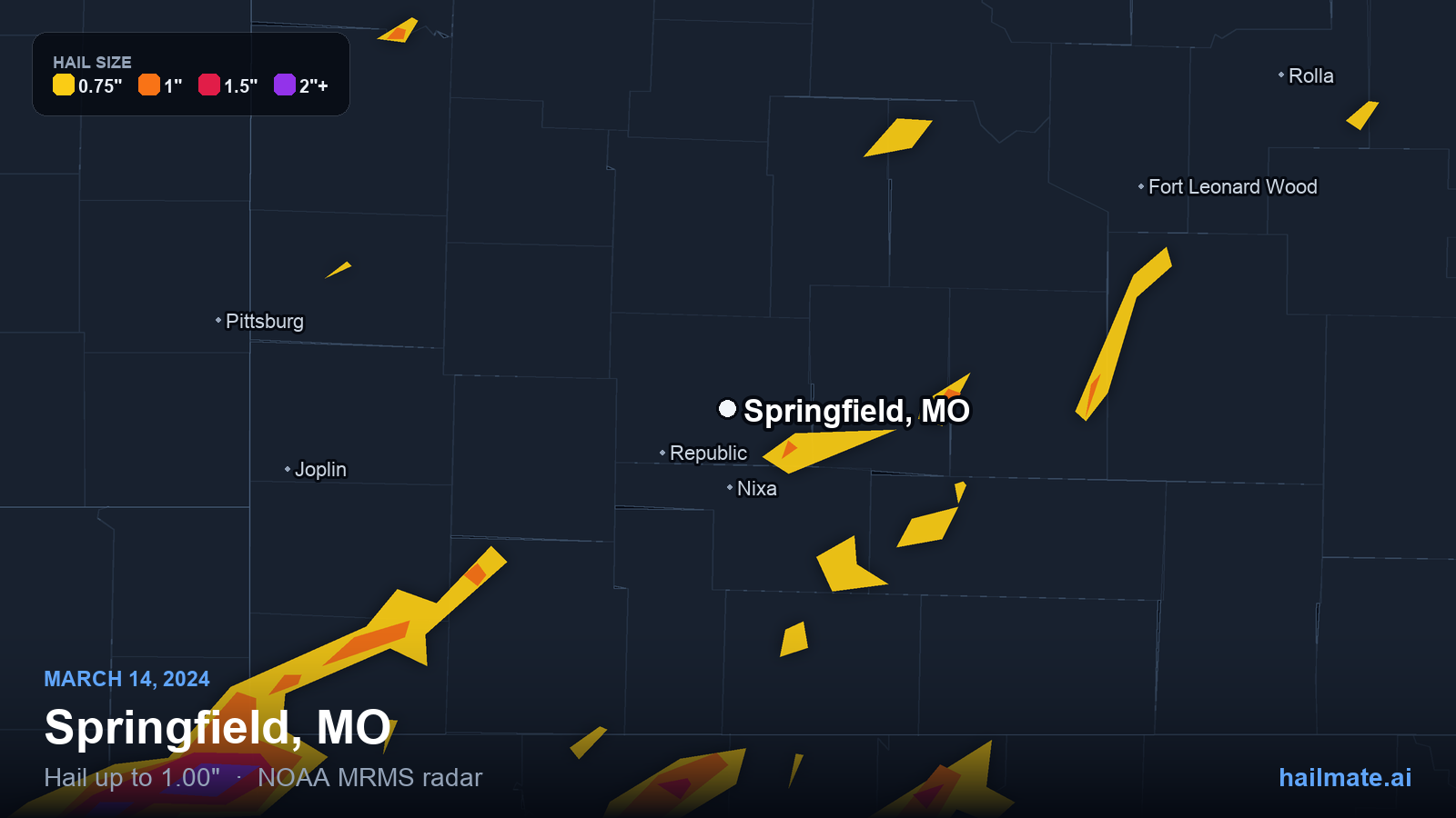 Hail swath map for Springfield, MO on March 14, 2024 showing 1.00 inch hail.