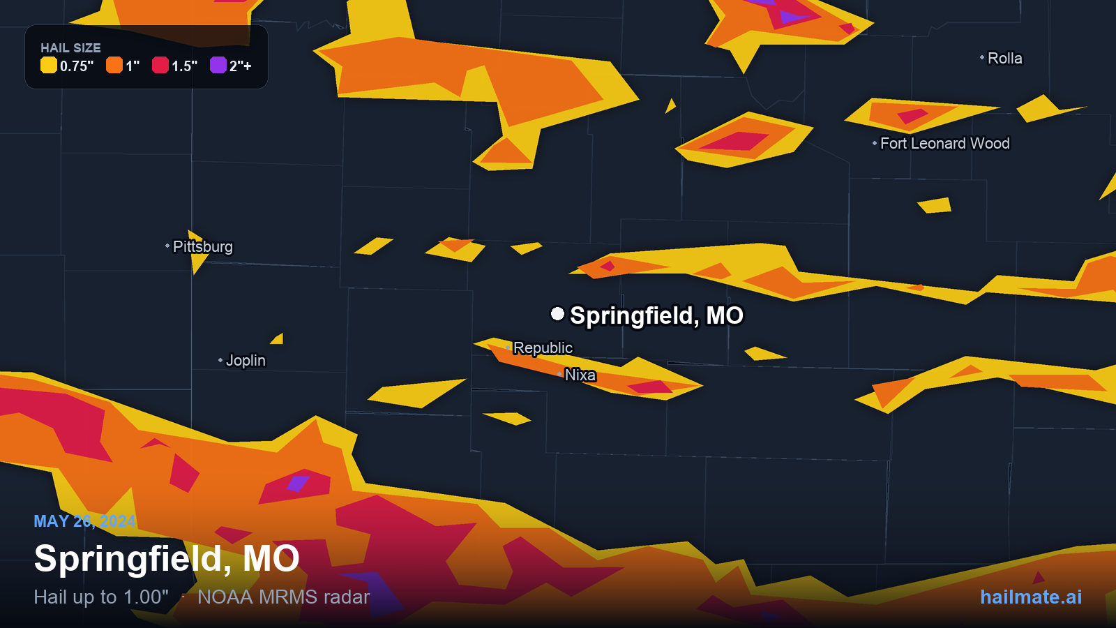 Hail swath map for Springfield, MO on May 26, 2024 showing 1.00 inch hail.