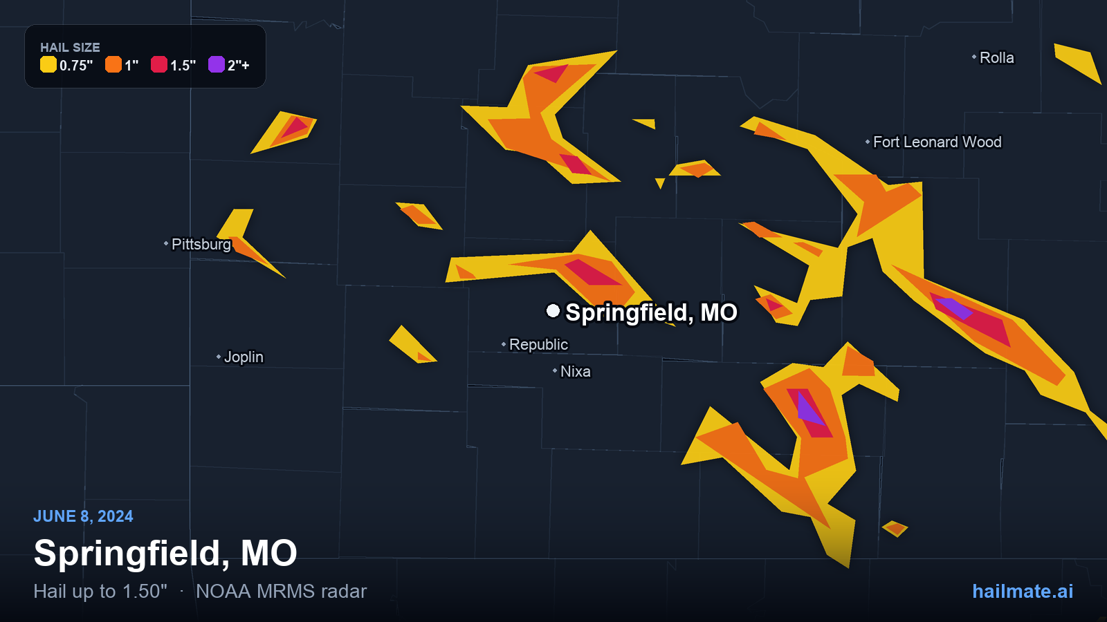 Hail swath map for Springfield, MO on June 8, 2024 showing 1.50 inch hail.