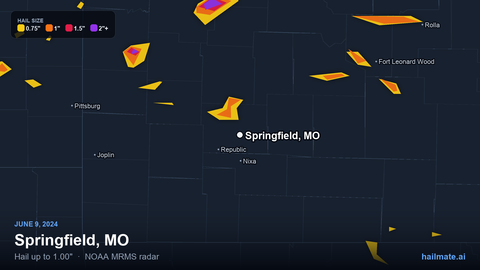 Hail swath map for Springfield, MO on June 9, 2024 showing 1.00 inch hail.