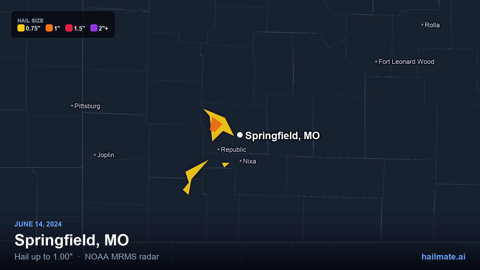 Hail swath map for Springfield, MO on June 14, 2024 showing 1.00 inch hail.