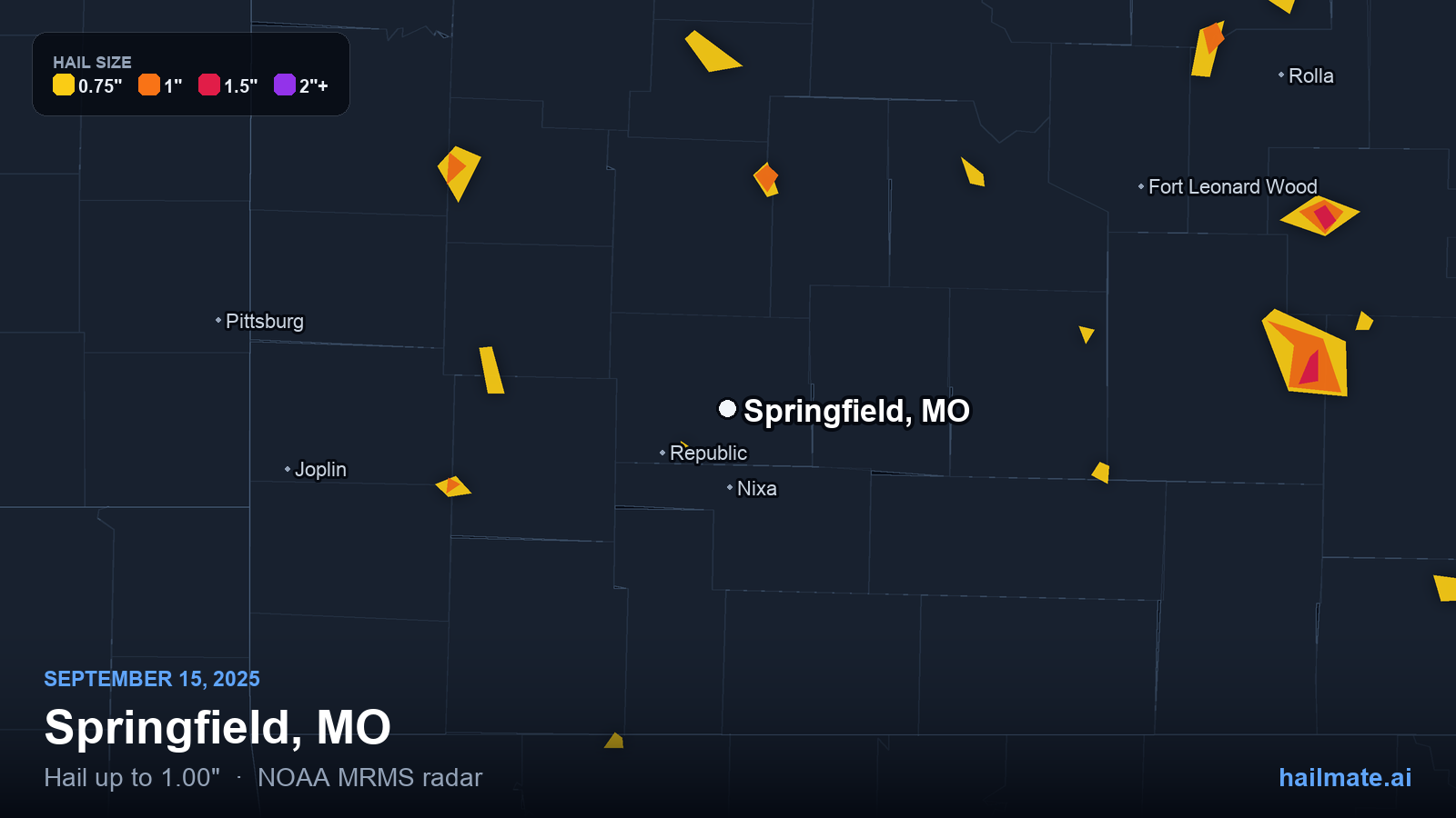 Hail swath map for Springfield, MO on September 15, 2025 showing 1.00 inch hail.