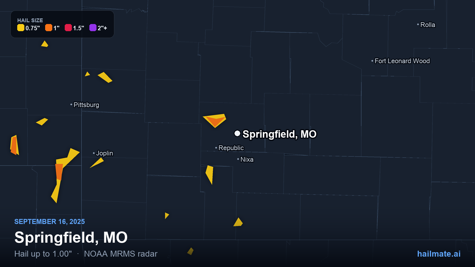 Hail swath map for Springfield, MO on September 16, 2025 showing 1.00 inch hail.