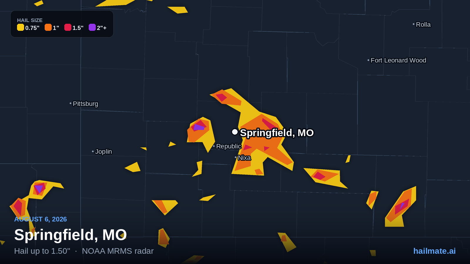Hail swath map for Springfield, MO on August 6, 2026 showing 1.50 inch hail.