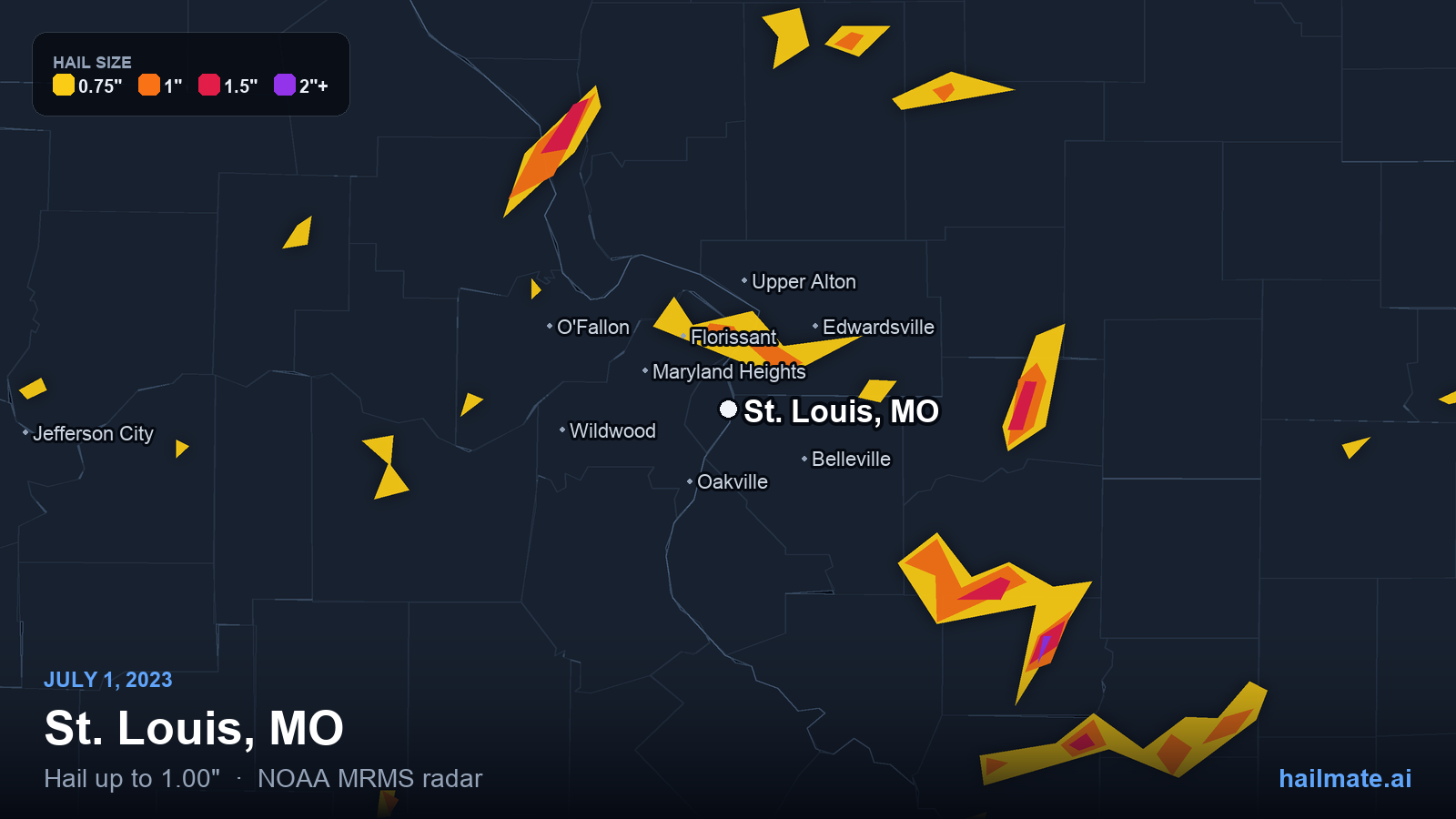 Hail swath map for St. Louis, MO on July 1, 2023 showing 1.00 inch hail.