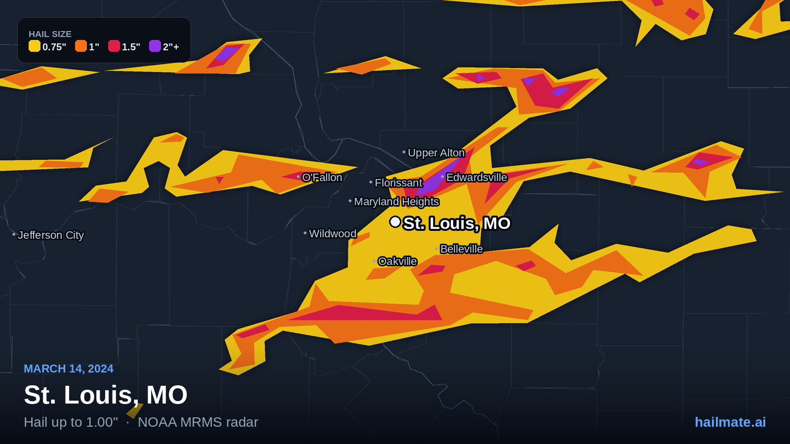 Hail swath map for St. Louis, MO on March 14, 2024 showing 1.00 inch hail.