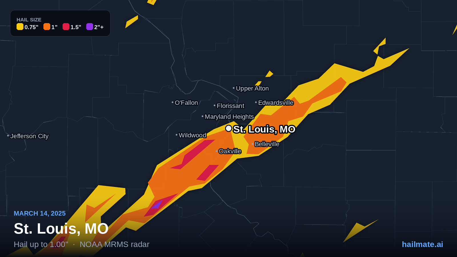 Hail swath map for St. Louis, MO on March 14, 2025 showing 1.00 inch hail.