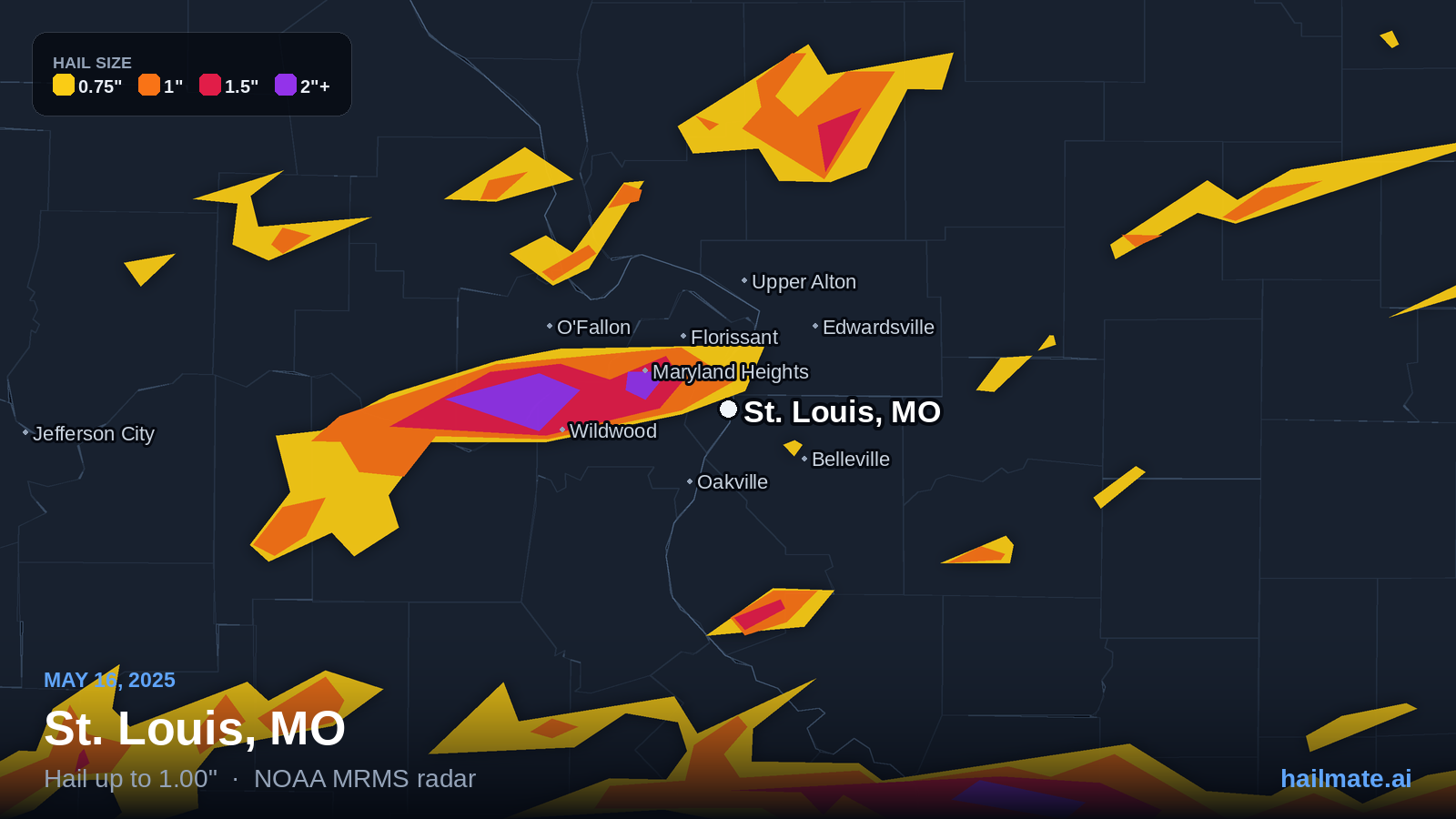 Hail swath map for St. Louis, MO on May 16, 2025 showing 1.00 inch hail.
