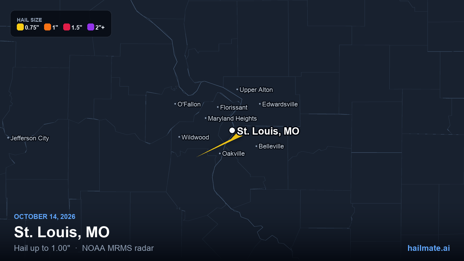 Hail swath map for St. Louis, MO on October 14, 2026 showing 1.00 inch hail.