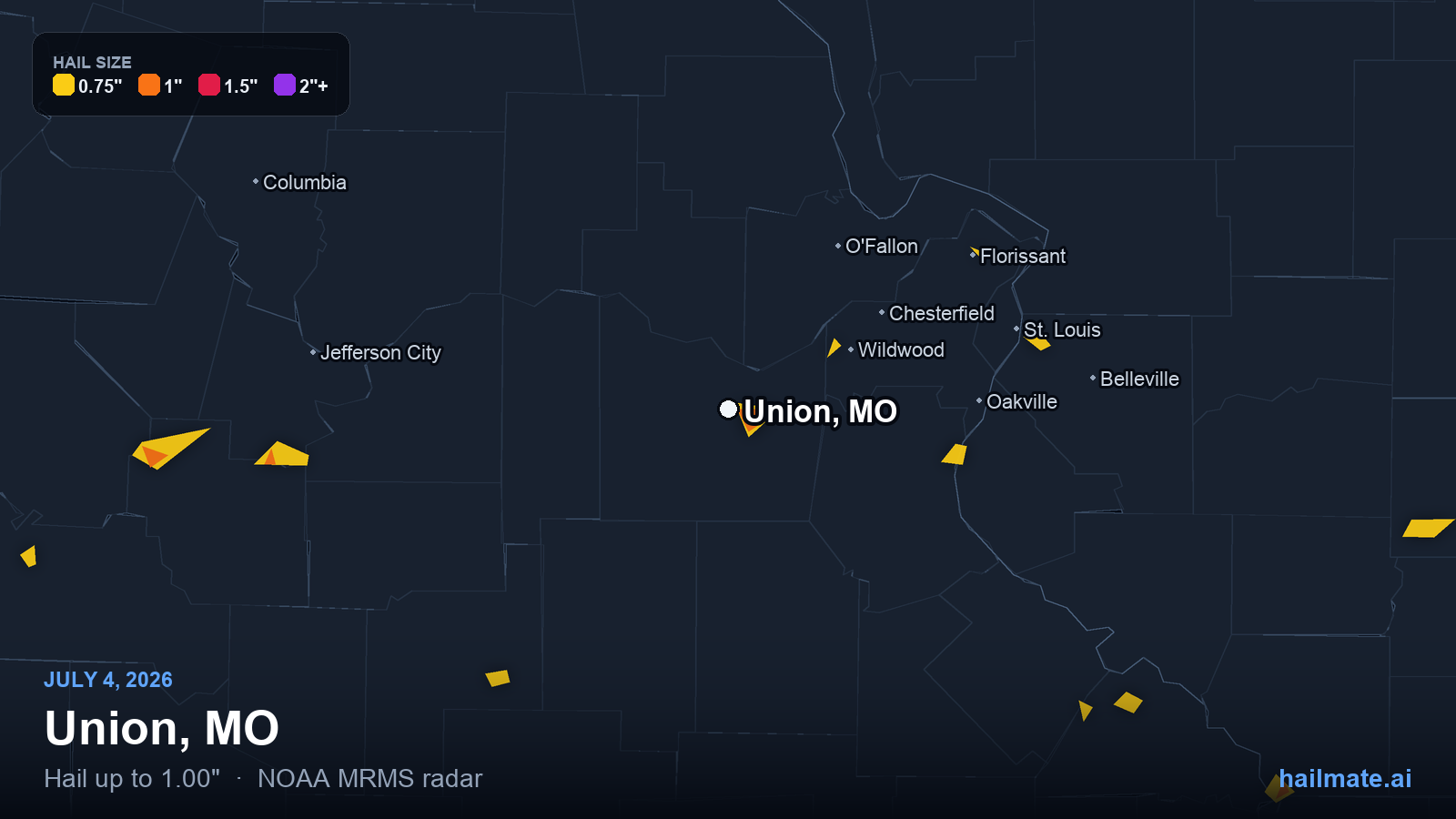 Hail swath map for Union, MO on July 4, 2026 showing 1.00 inch hail.