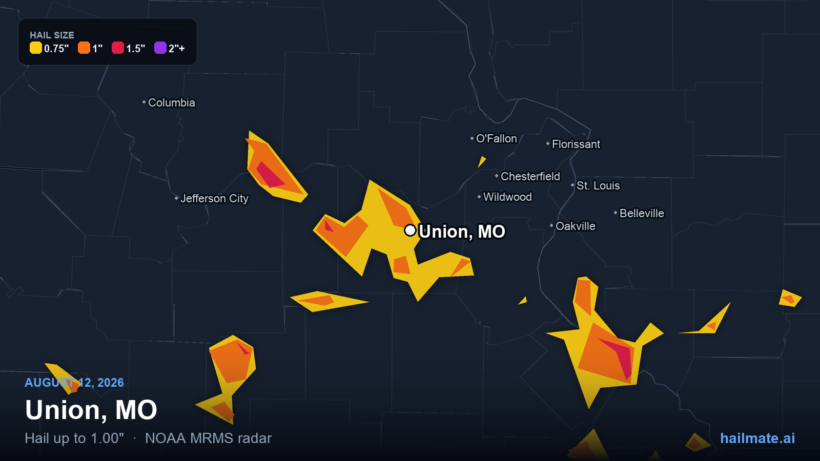 Hail swath map for Union, MO on August 12, 2026 showing 1.00 inch hail.