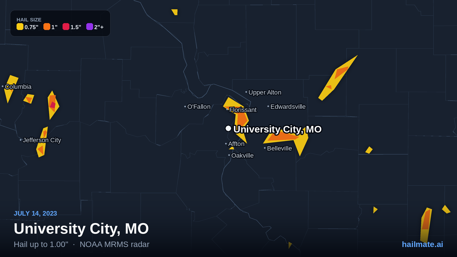 Hail swath map for University City, MO on July 14, 2023 showing 1.00 inch hail.