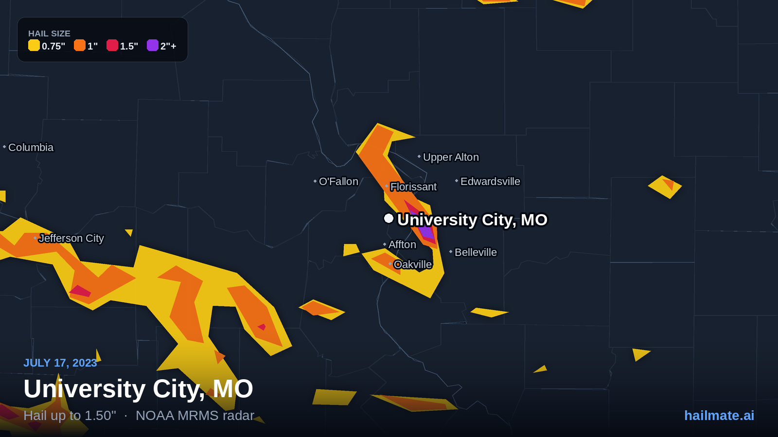 Hail swath map for University City, MO on July 17, 2023 showing 1.50 inch hail.